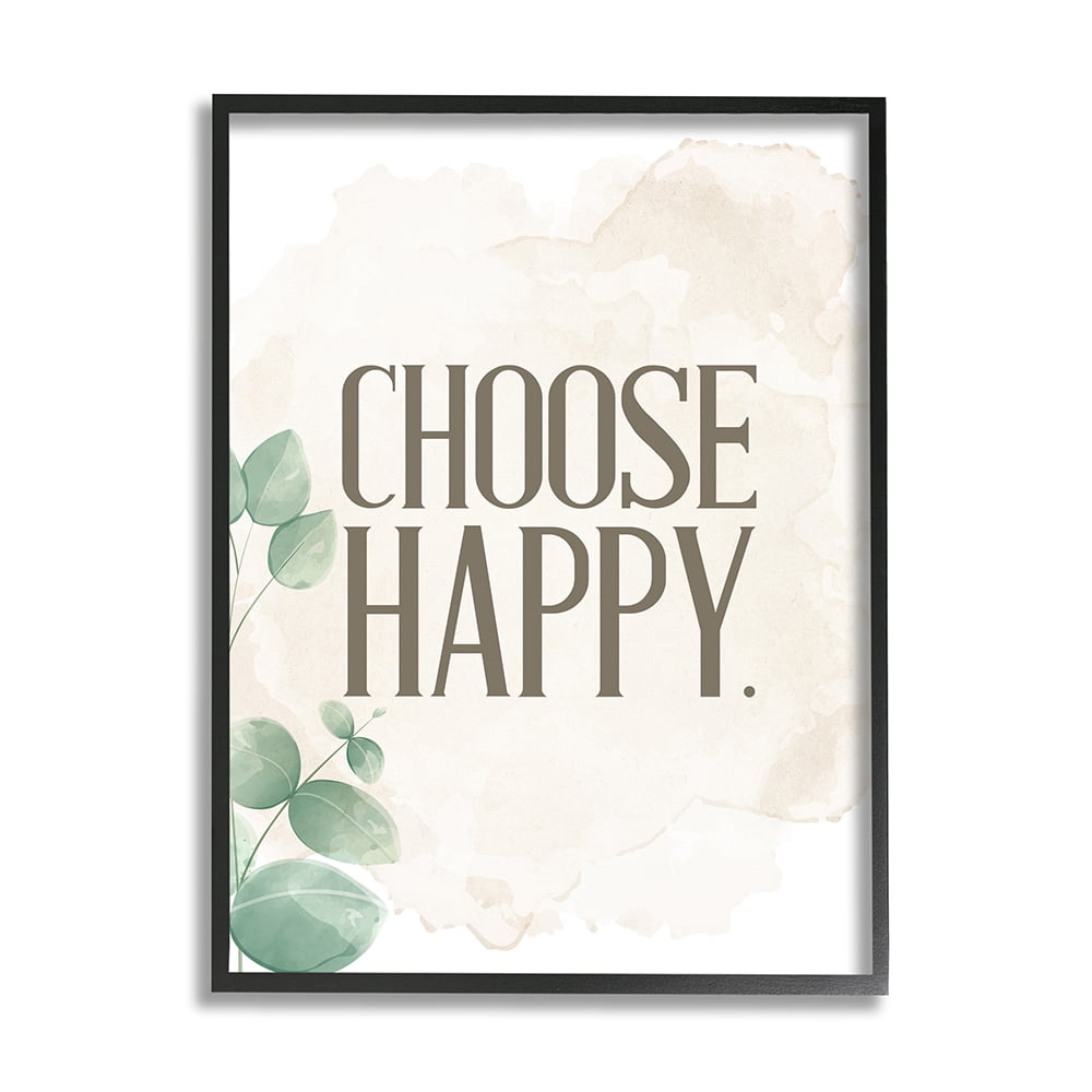 Stupell Industries Choose Happy Text Green Leaves Neutral Brown Black Framed by Kim Allen