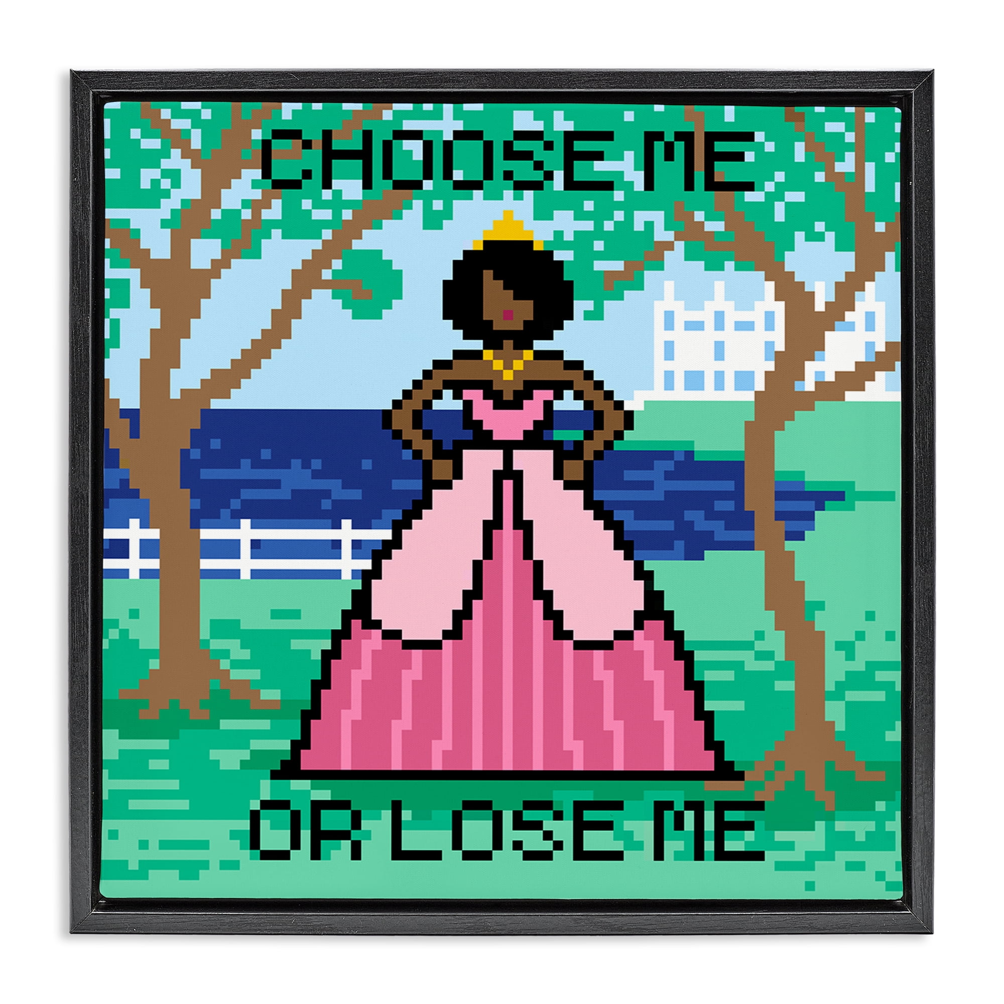 Stupell Industries Choose Me Pixel Princess People Painting Black Floater Framed Canvas Art Print Wall Art, 25 x 25