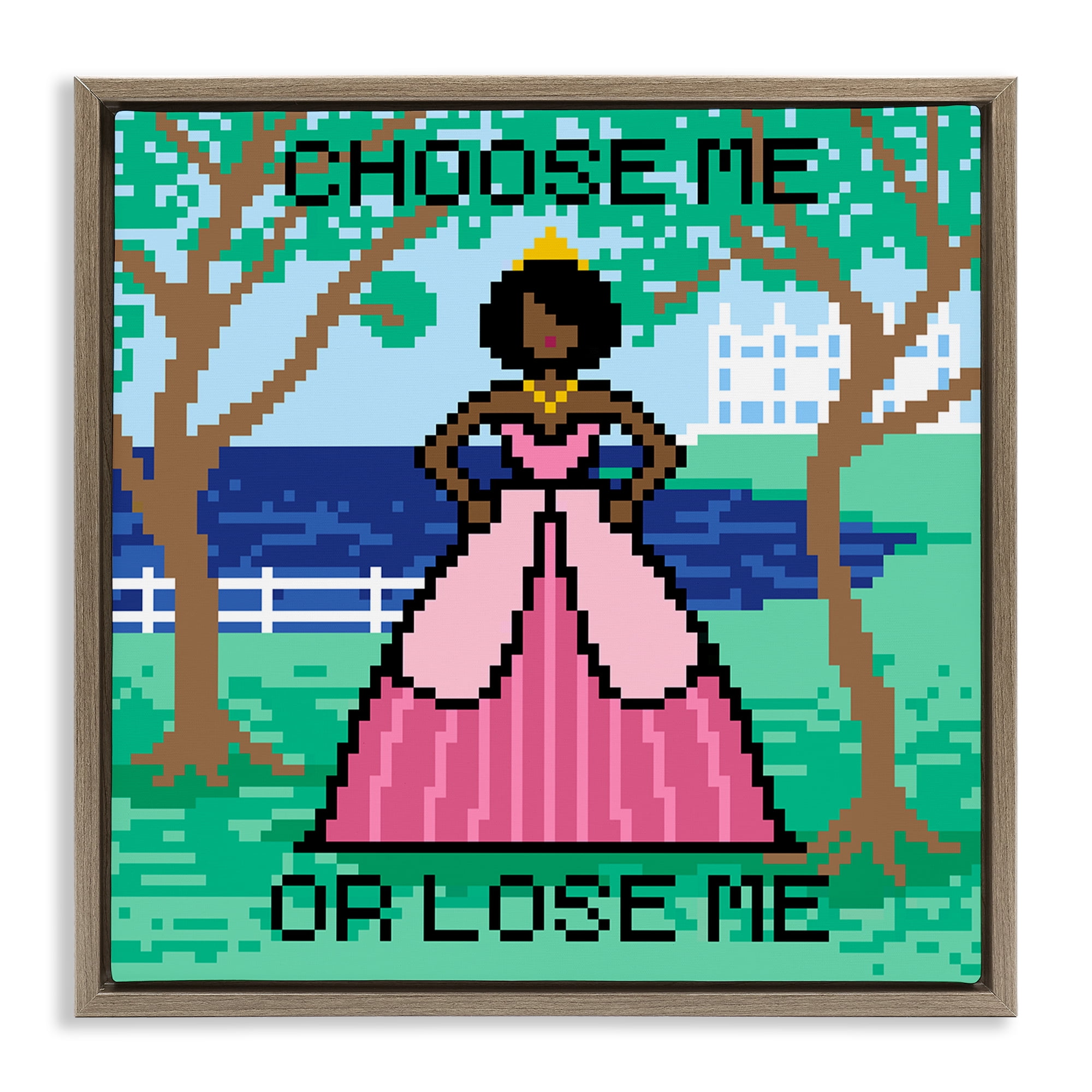 Stupell Industries Choose Me Pixel Princess People Painting Brown Floater Framed Canvas Art Print Wall Art, 18 x 18
