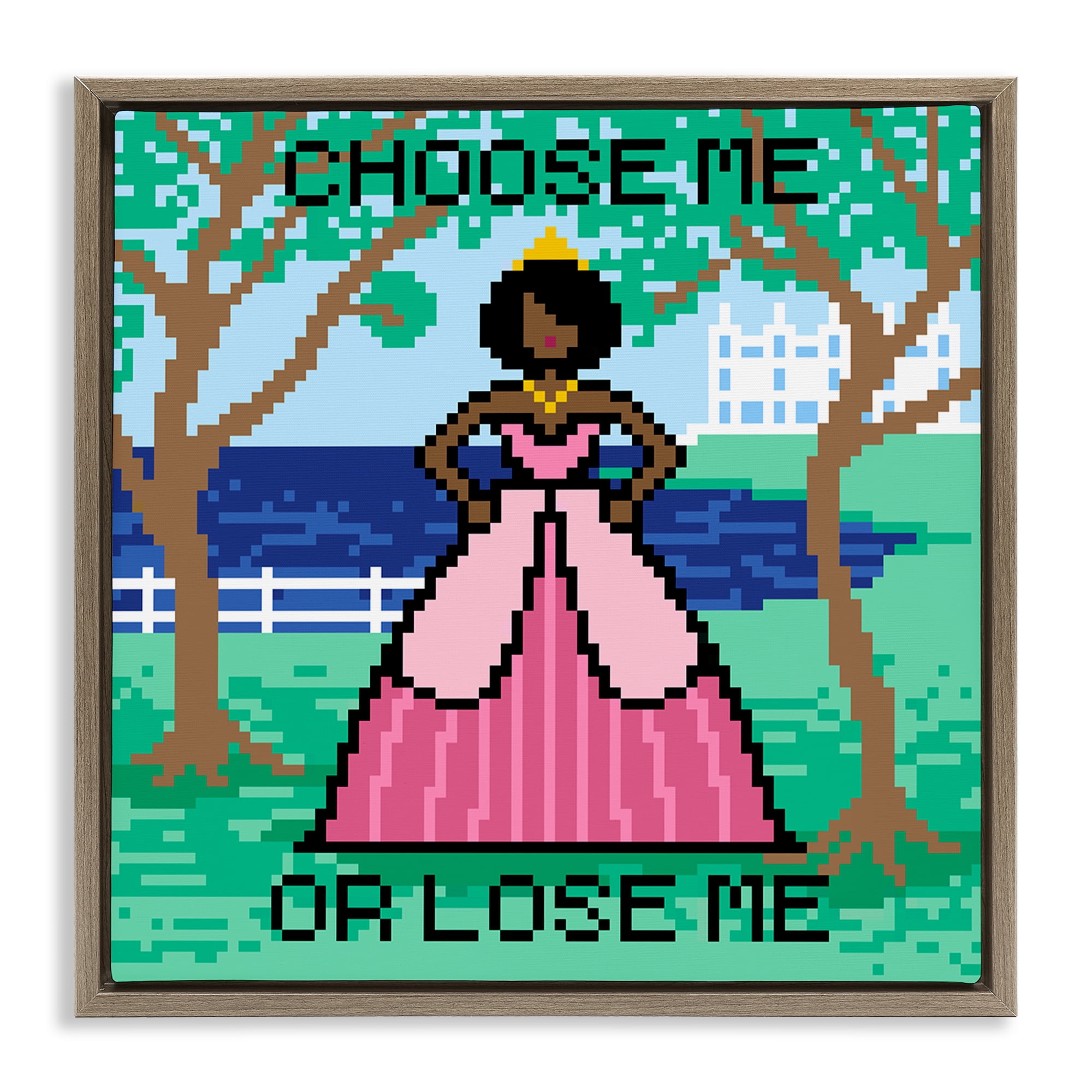 Stupell Industries Choose Me Pixel Princess People Painting Brown Floater Framed Canvas Art Print Wall Art, 25 x 25