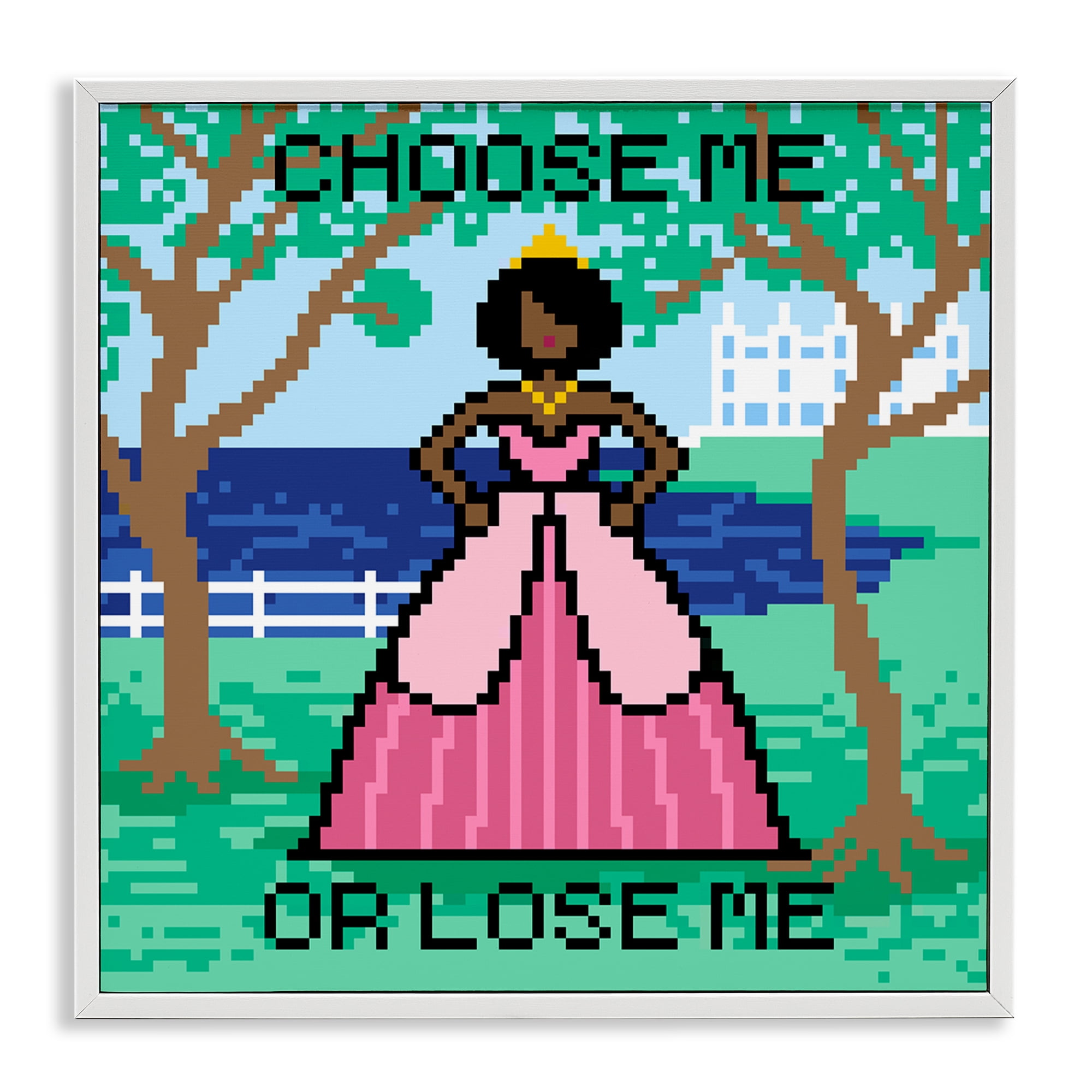 Stupell Industries Choose Me Pixel Princess People Painting White Framed Art Print Wall Art, 24 x 24
