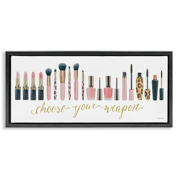 Stupell Industries Choose Your Weapon Glam Makeup Typography Painting Black Floater Framed Canvas Art Print Wall Art, 25 x 11