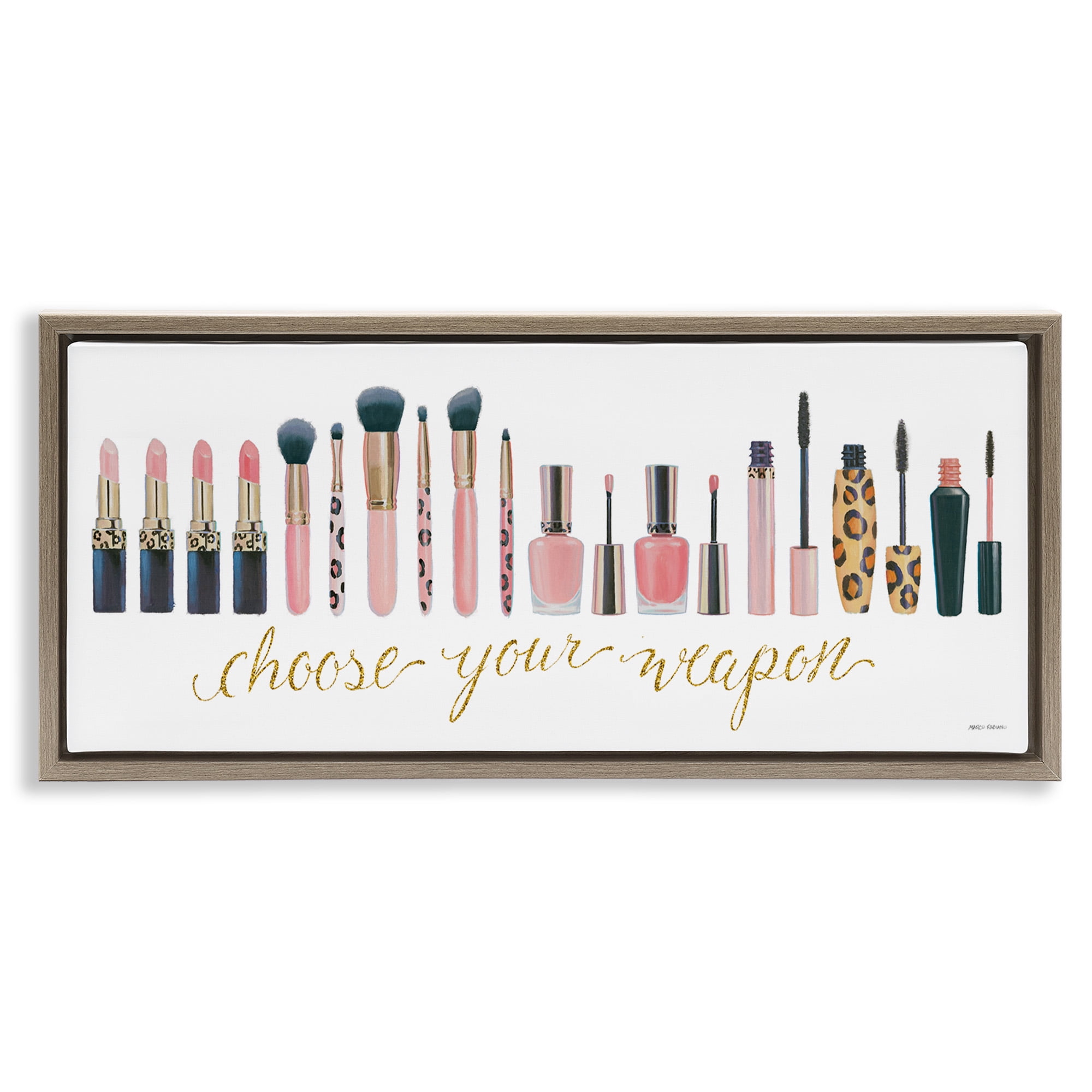 Stupell Industries Choose Your Weapon Glam Makeup Typography Painting Brown Floater Framed Canvas Art Print Wall Art, 25 x 11