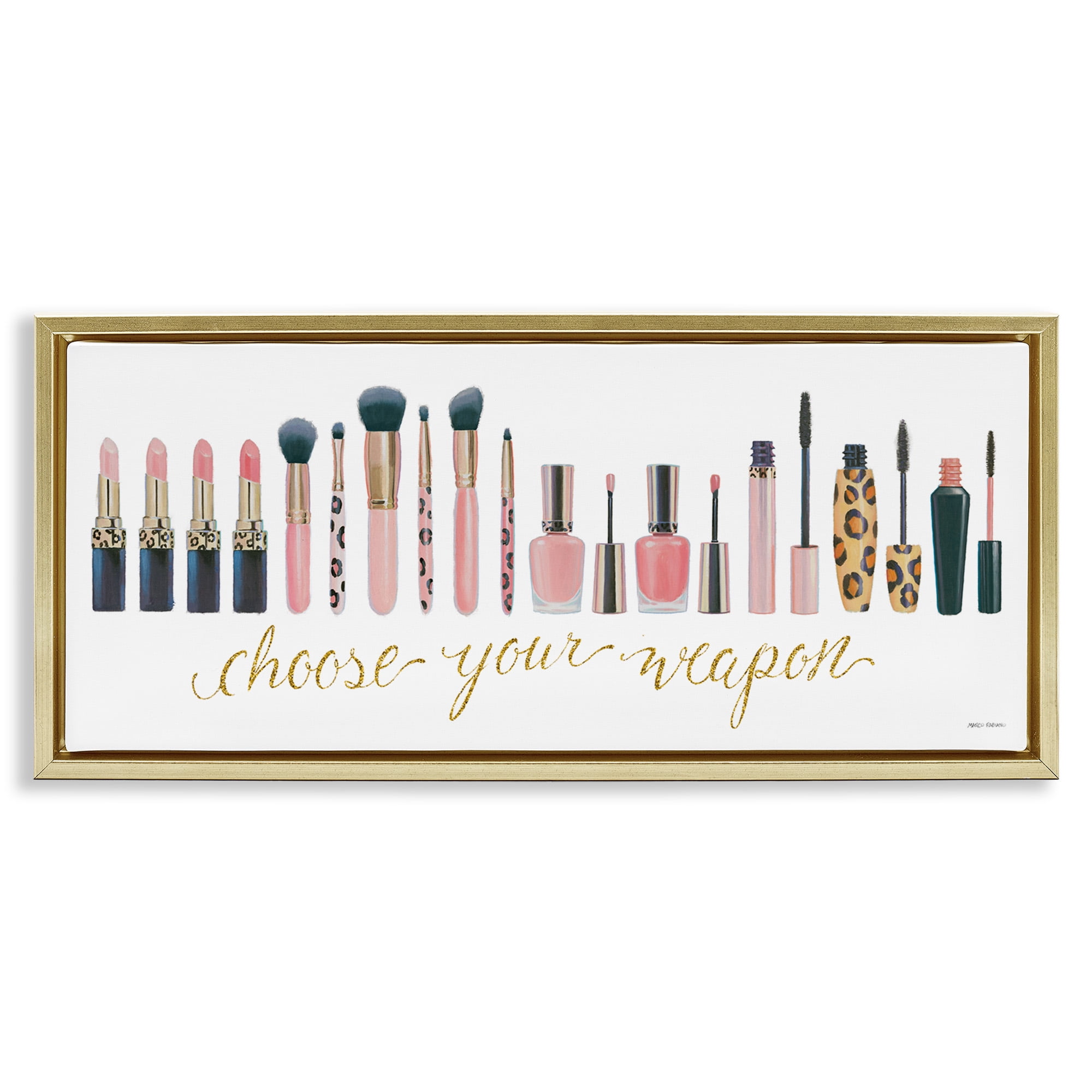 Stupell Industries Choose Your Weapon Glam Makeup Typography Painting Gold Floater Framed Canvas Art Print Wall Art, 31 x 14