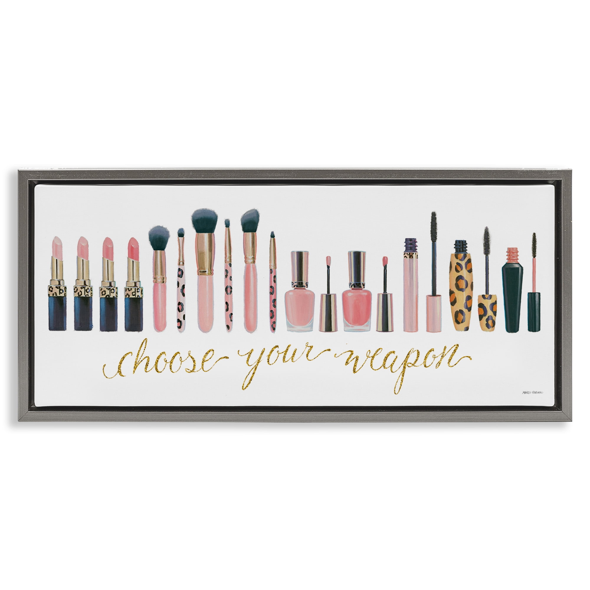 Stupell Industries Choose Your Weapon Glam Makeup Typography Painting Gray Floater Framed Canvas Art Print Wall Art, 31 x 14