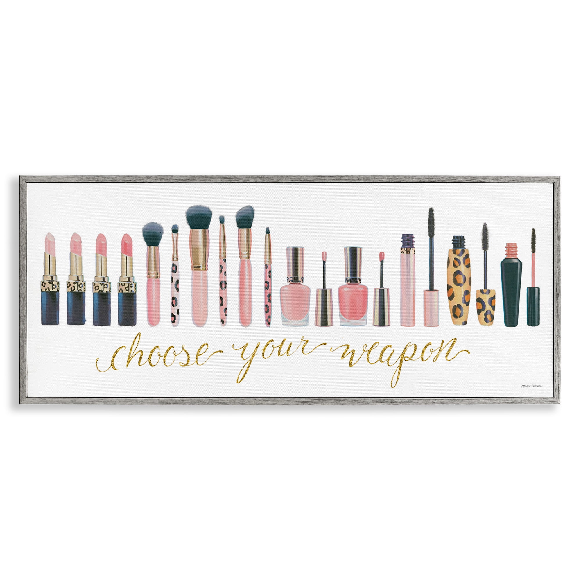 Stupell Industries Choose Your Weapon Glam Makeup Typography Painting Gray Framed Art Print Wall Art, 30 x 13