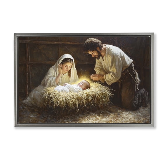 Christ Is Born Nativity Gray Floating Frame Canvas Art, 25 x 17, Made In USA