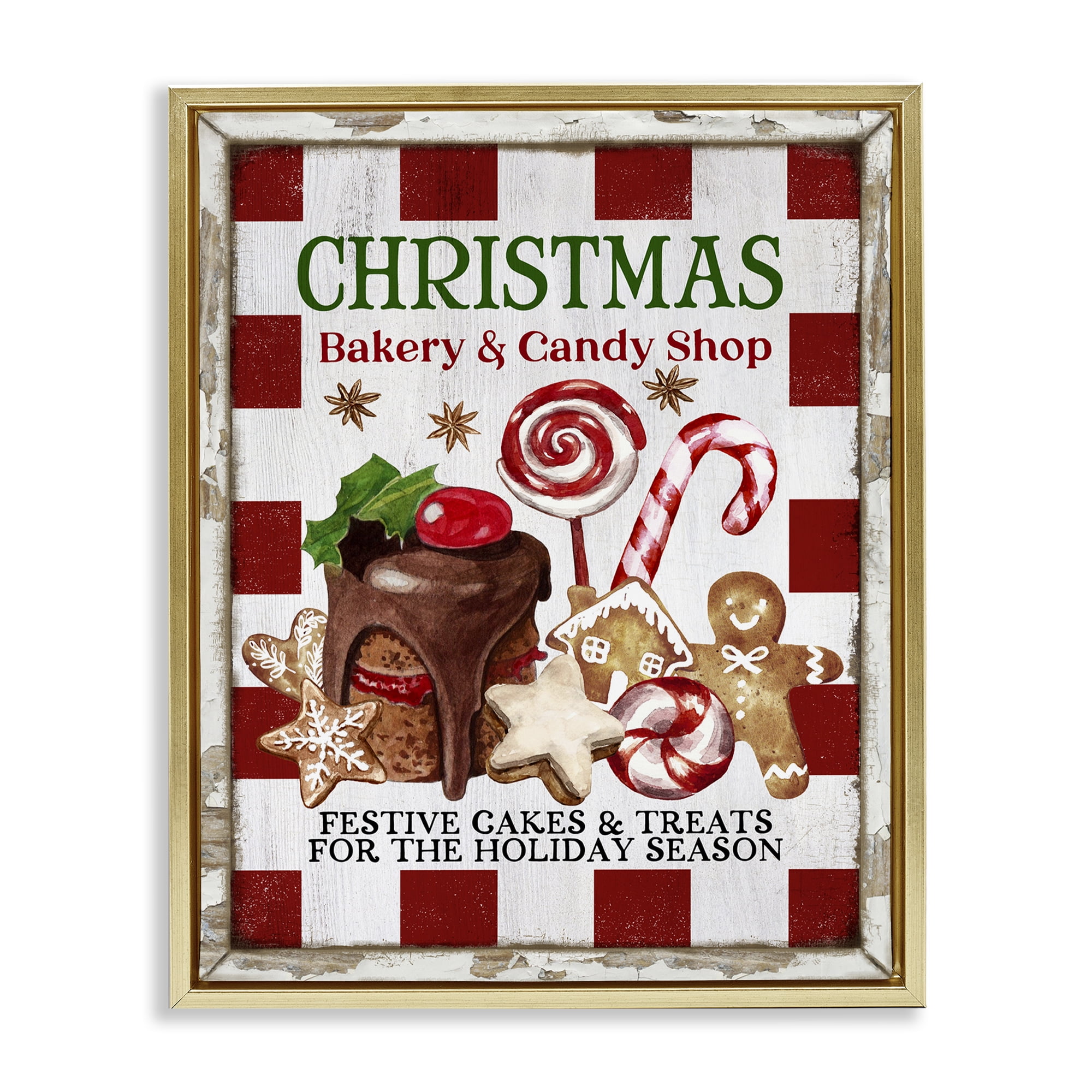 Stupell Industries Christmas Bakery & Candy Holiday Painting Gold Floater Framed Canvas Art Prints Wall Art, 17 x 21