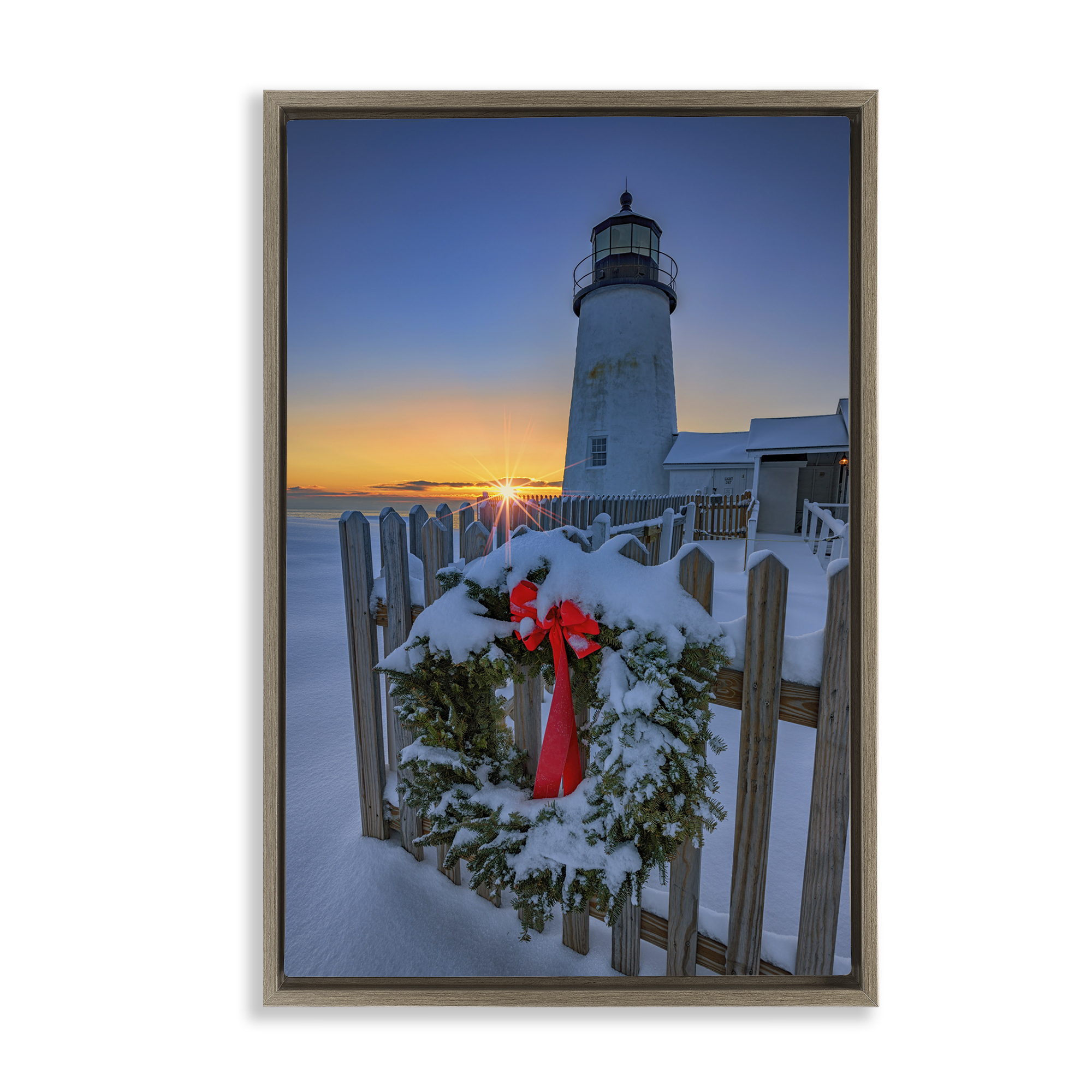 Stupell Industries Christmas Beach Lifehouse Holiday Painting Brown Floater Framed Canvas Art Prints Wall Art, 17 x 25