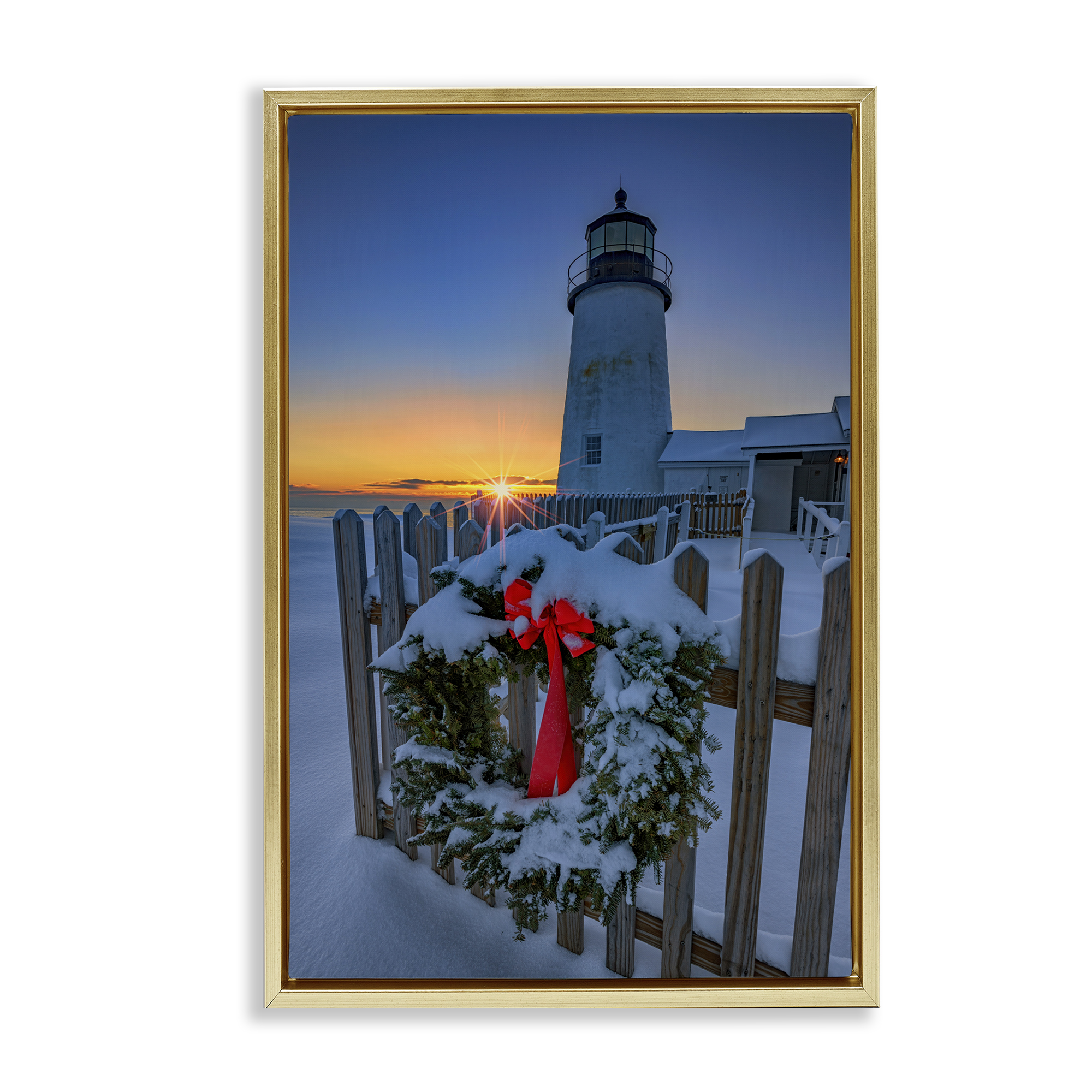 Stupell Industries Christmas Beach Lifehouse Holiday Painting Gold Floater Framed Canvas Art Prints Wall Art, 17 x 25