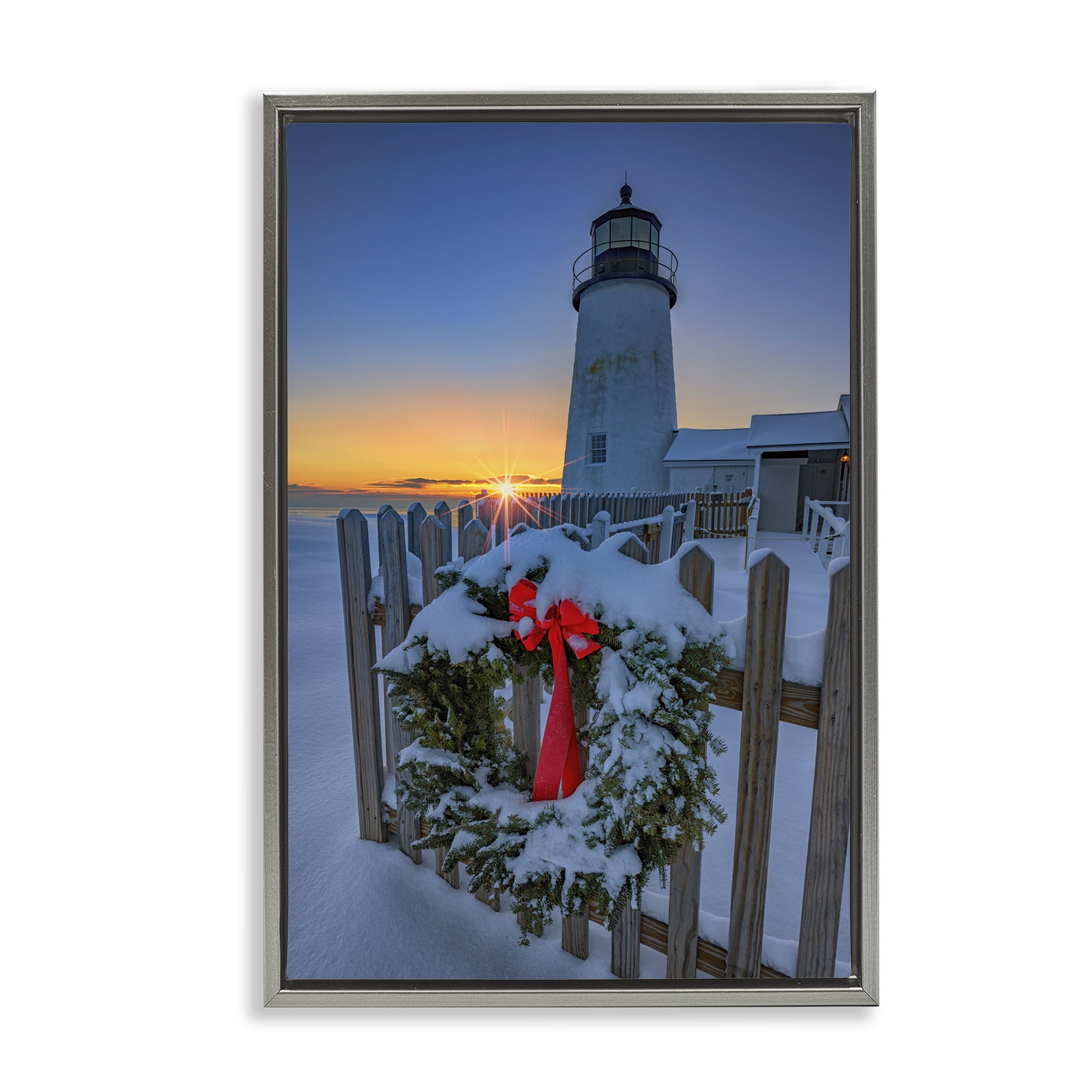 Stupell Industries Christmas Beach Lifehouse Holiday Painting Gray Floater Framed Canvas Art Prints Wall Art, 17 x 25