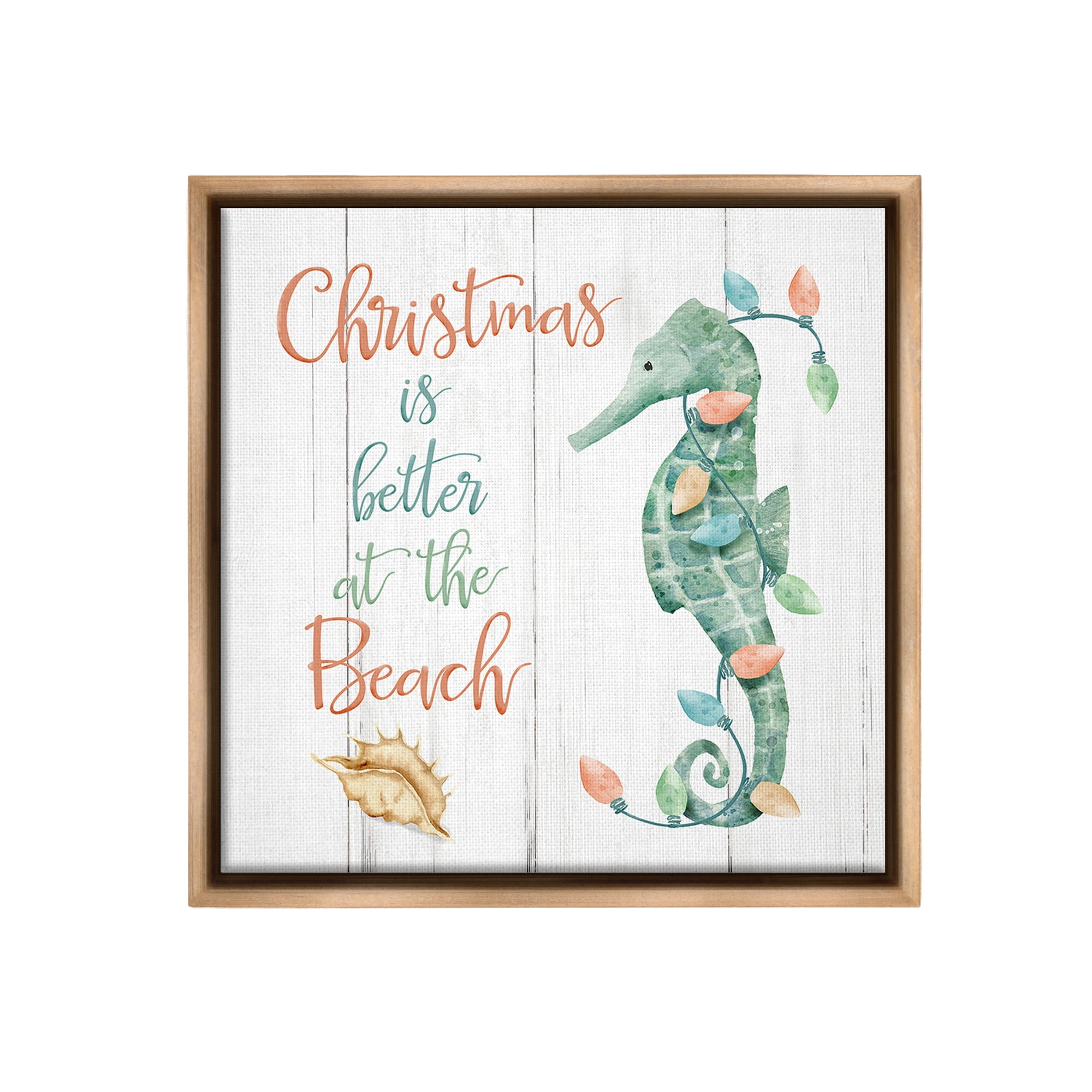 Stupell Industries Christmas Better At Beach Holiday Painting Brown Floater Framed Canvas Art Print Wall Art, 18 x 18