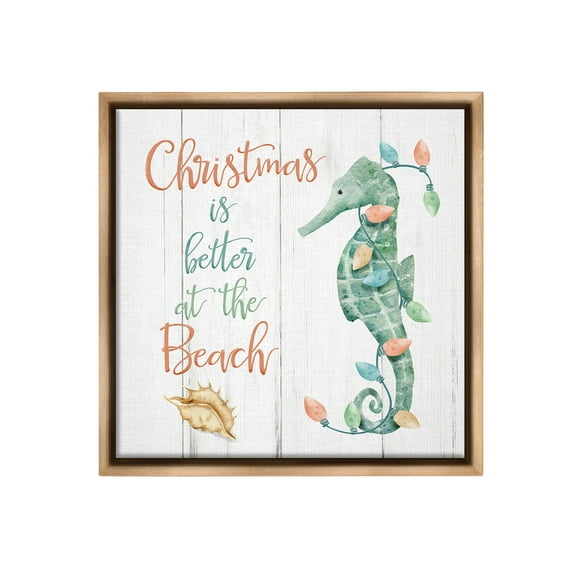 Stupell Industries Christmas Better At Beach Holiday Painting Brown Floater Framed Canvas Art Print Wall Art, 18 x 18