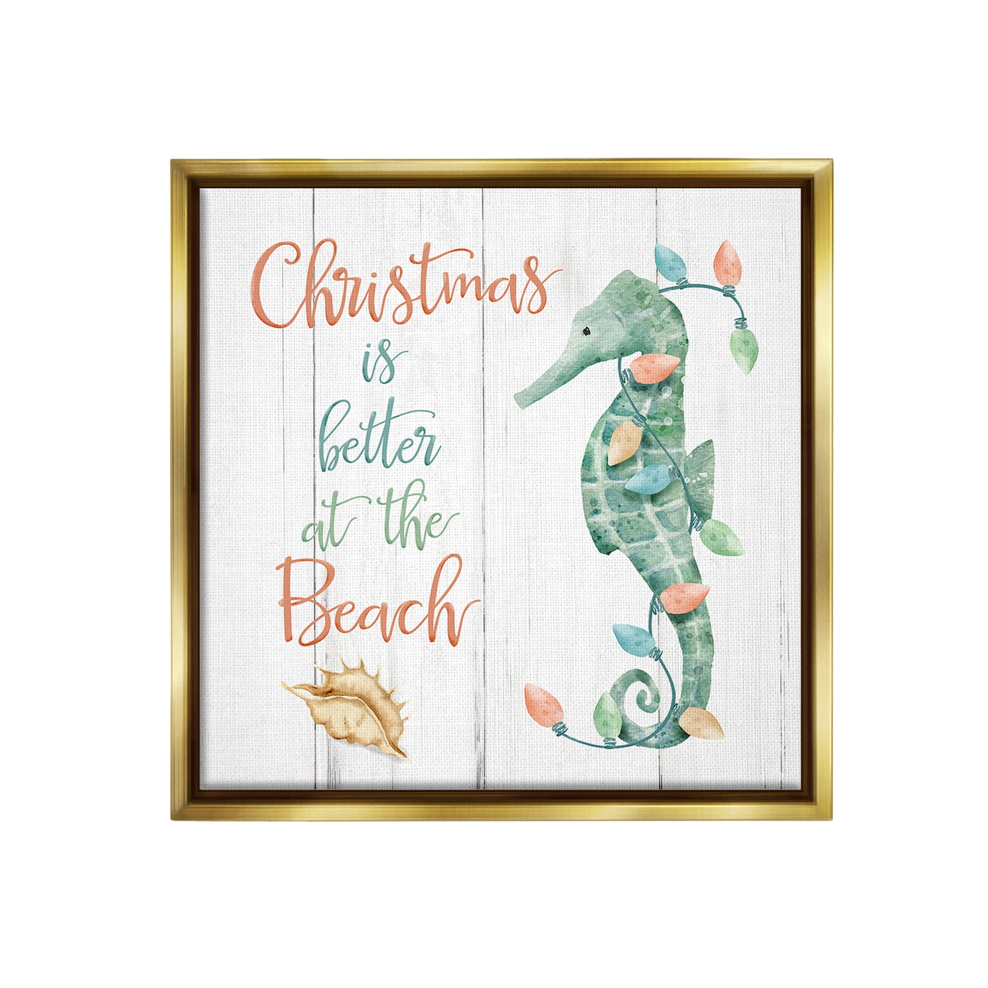 Stupell Industries Christmas Better At Beach Holiday Painting Gold Floater Framed Canvas Art Print Wall Art, 18 x 18