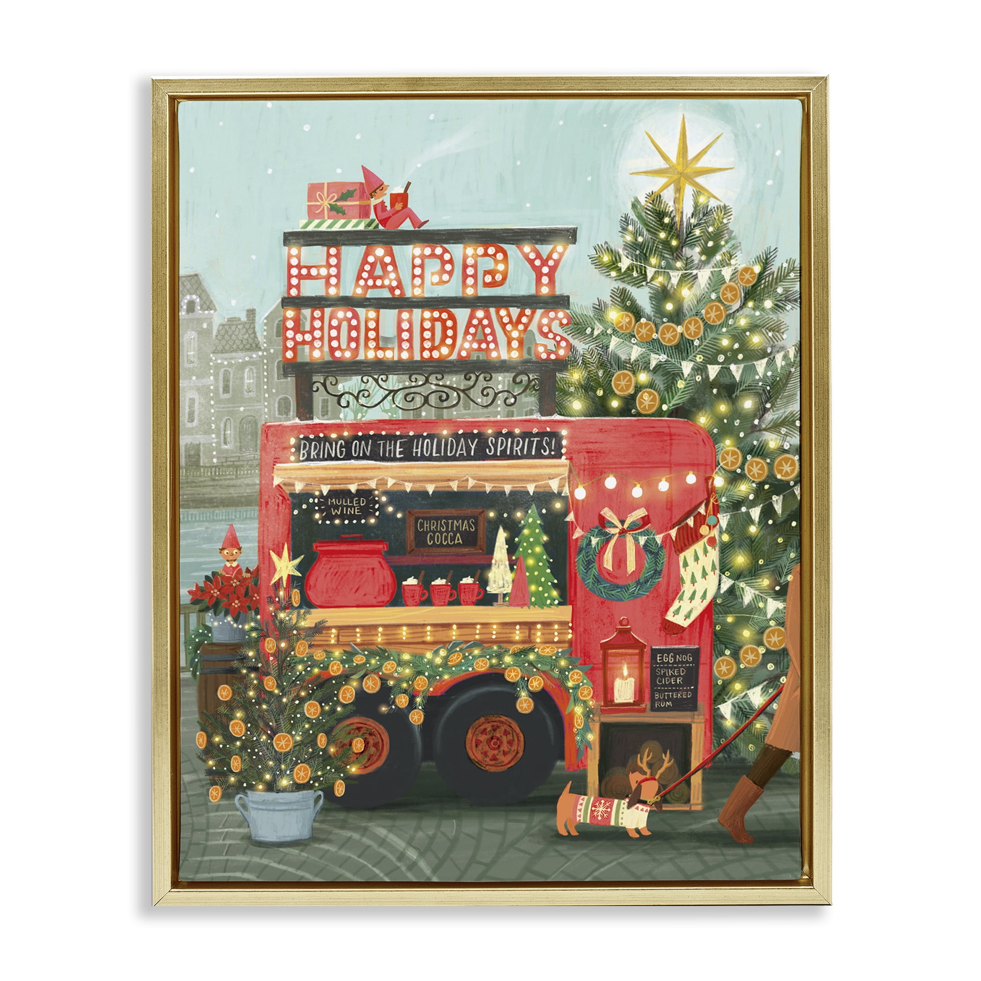 Stupell Industries Christmas Beverage Truck Holiday Painting Gold Floater Framed Canvas Art Prints Wall Art, 25 x 31