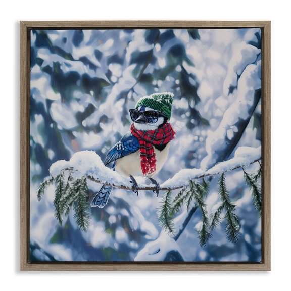 Stupell Industries Christmas Blue Jay Perched Brown Framed Floater Canvas Wall Art design by Jim Baldwin, 18 x 18