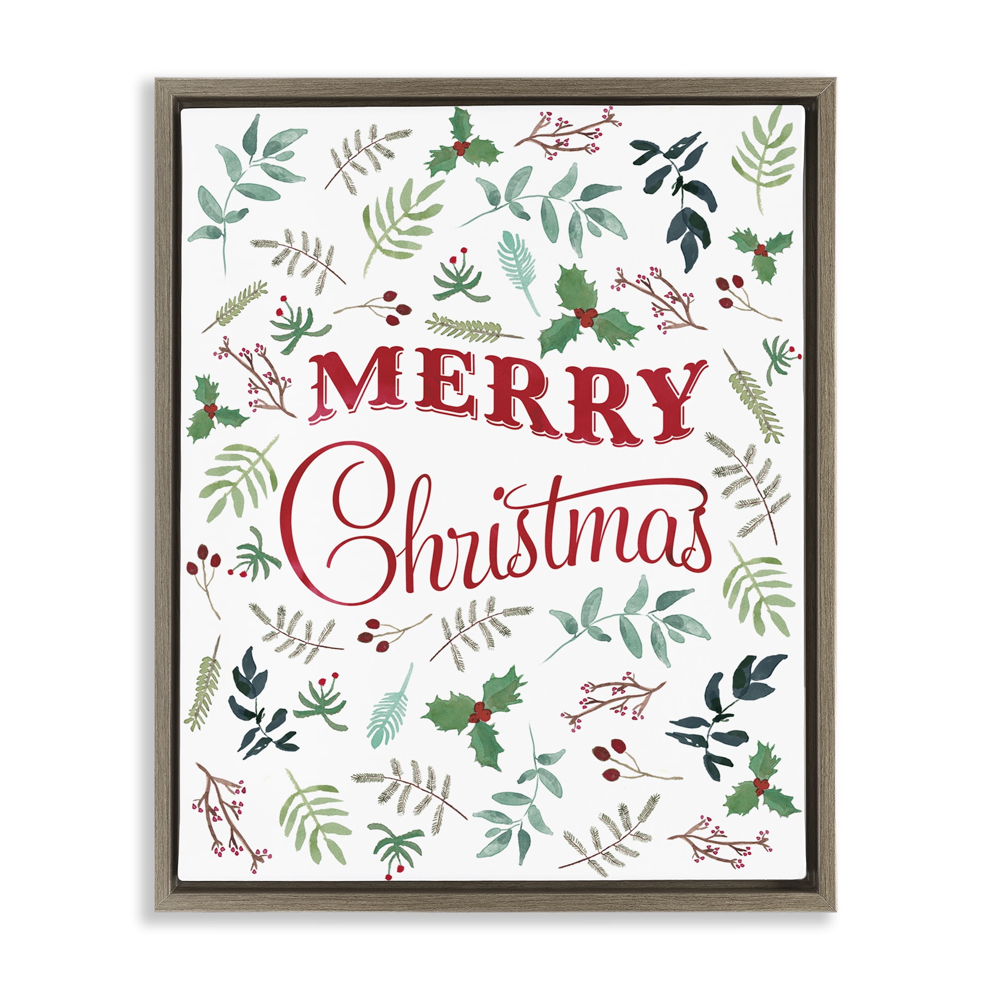 Stupell Industries Christmas Botanicals Pattern Holiday Painting Brown Floater Framed Canvas Art Prints Wall Art, 17 x 21