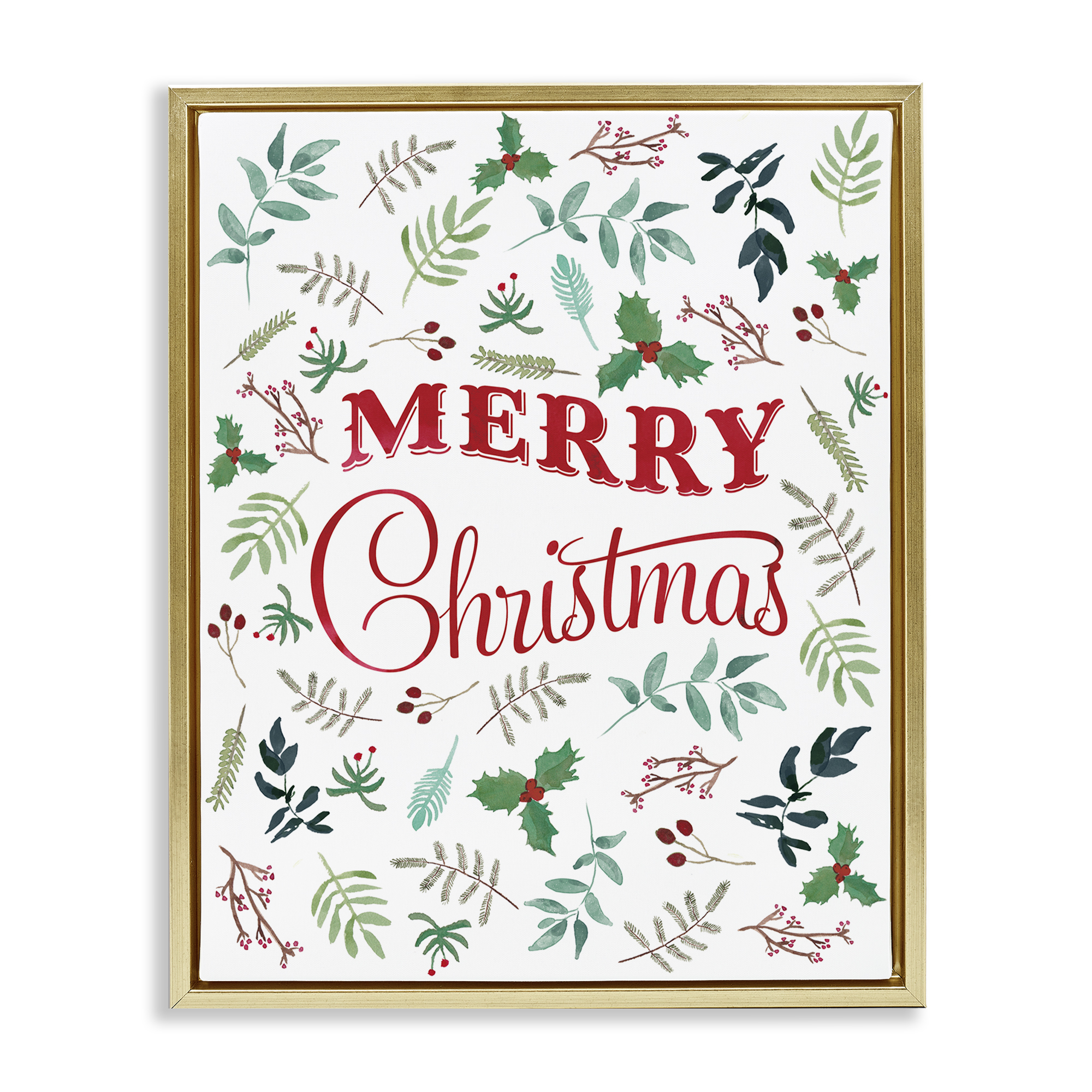 Stupell Industries Christmas Botanicals Pattern Holiday Painting Gold Floater Framed Canvas Art Prints Wall Art, 17 x 21