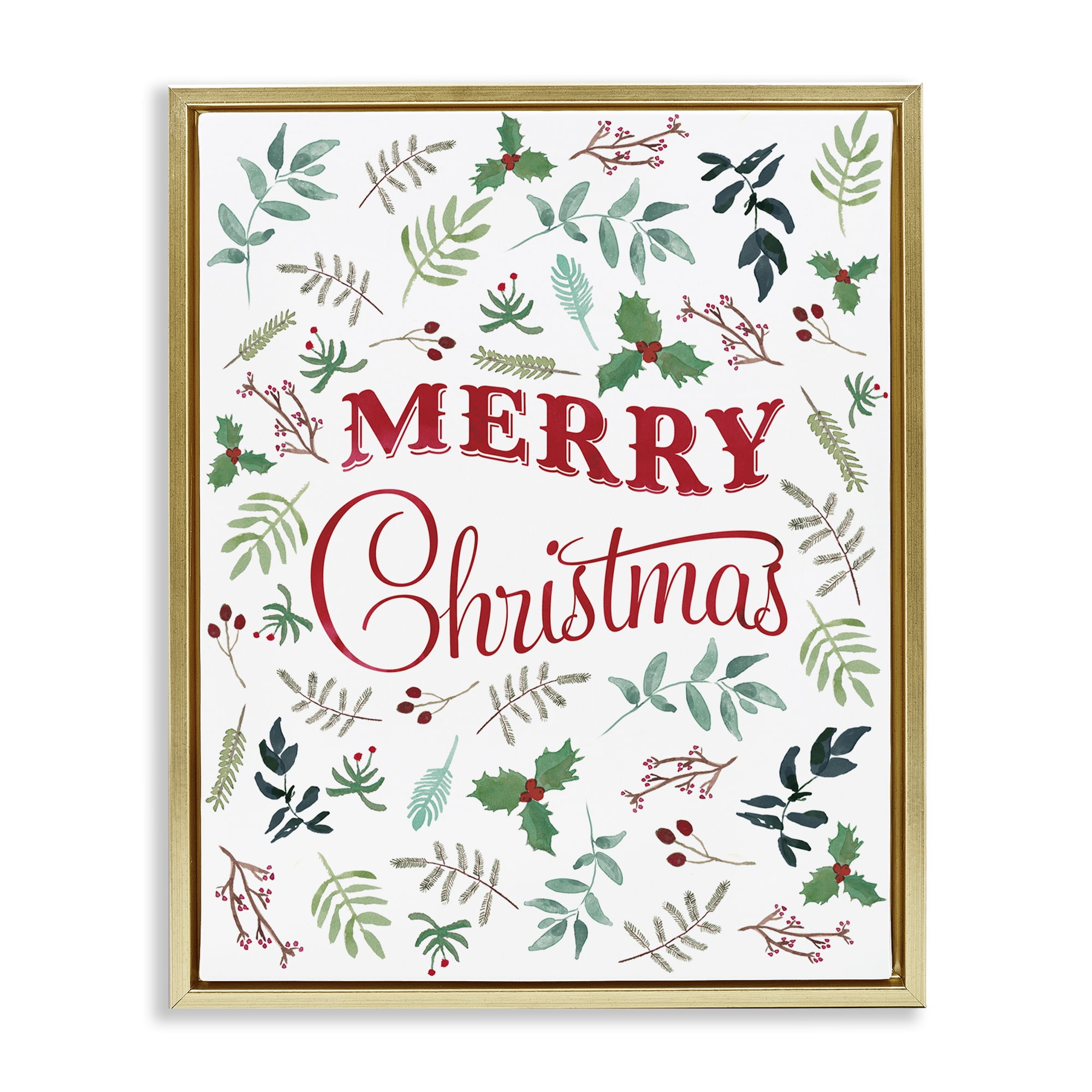 Stupell Industries Christmas Botanicals Pattern Holiday Painting Gold Floater Framed Canvas Art Prints Wall Art, 25 x 31