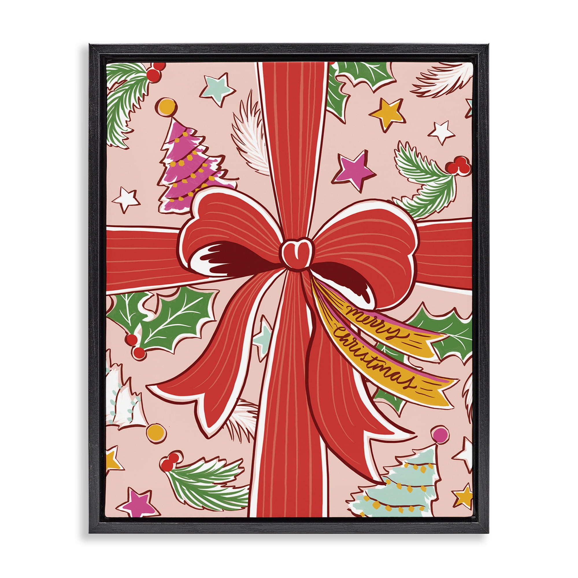 Stupell Industries Christmas Bow and Trees Holiday Painting Black Floater Framed Canvas Art Prints Wall Art, 17 x 21