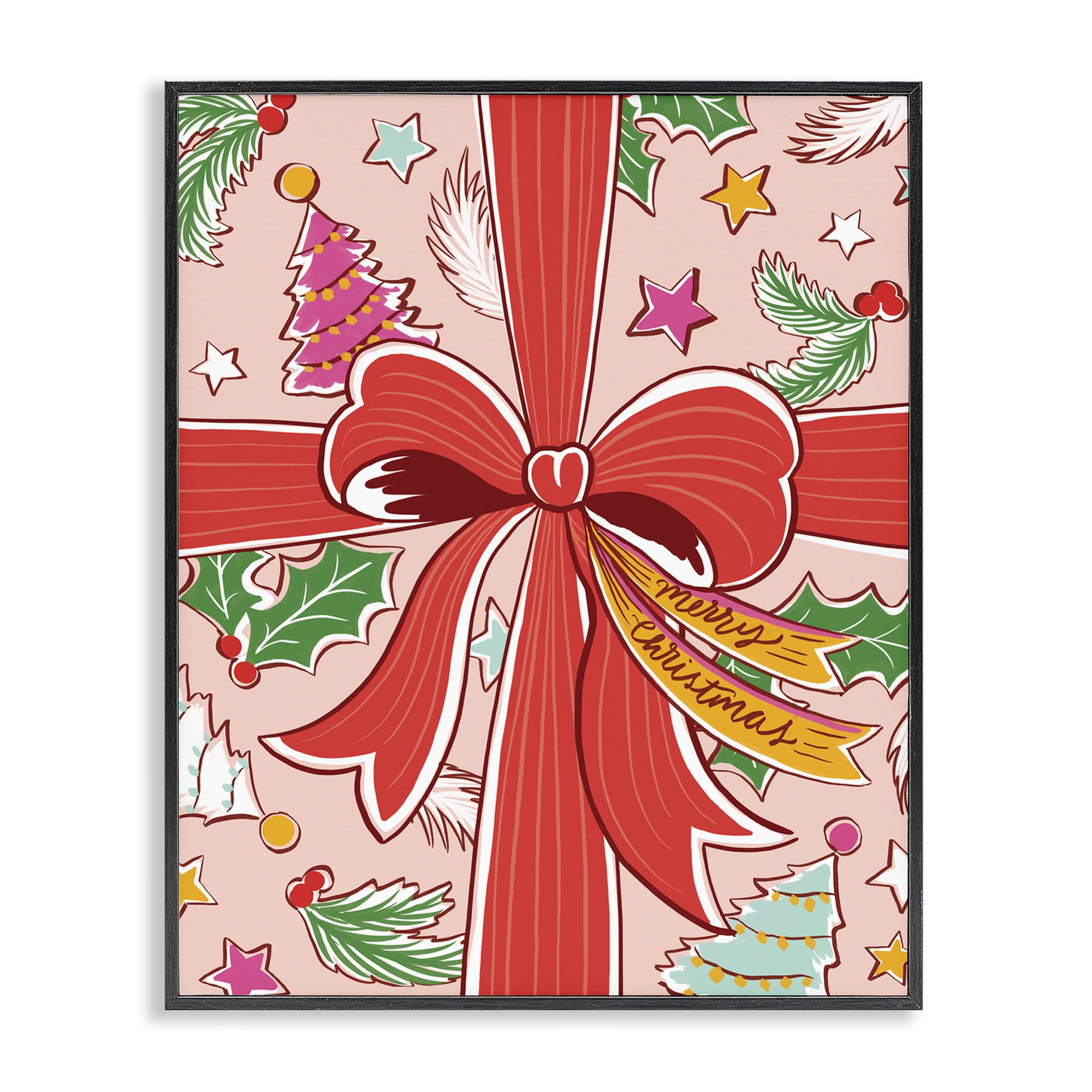 Stupell Industries Christmas Bow and Trees Holiday Painting Black Framed Art Prints Wall Art, 16 x 20