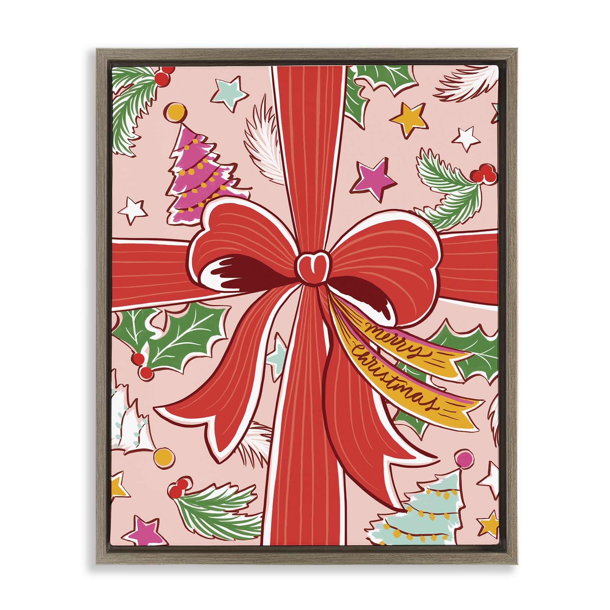 Stupell Industries Christmas Bow and Trees Holiday Painting Brown Floater Framed Canvas Art Prints Wall Art, 25 x 31