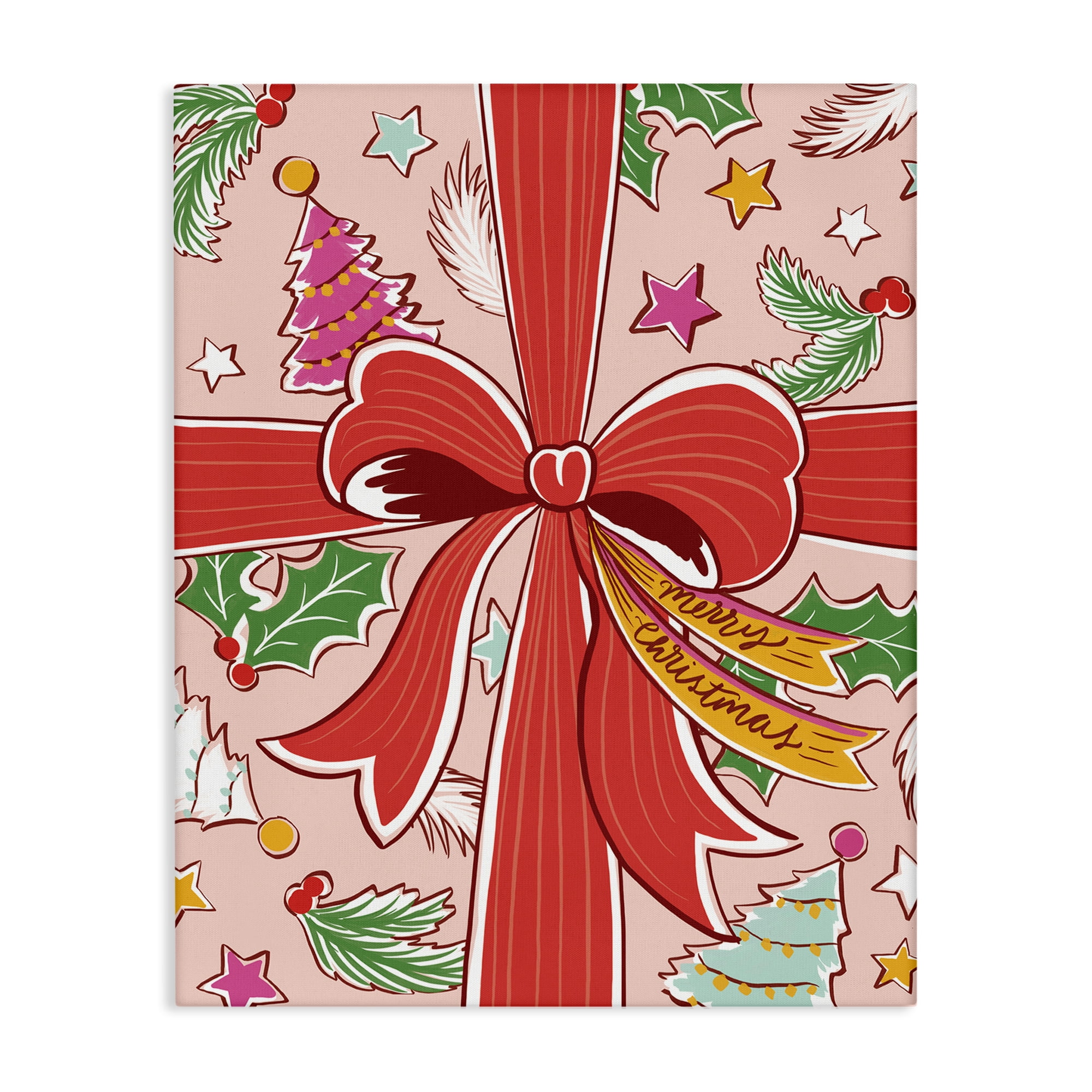 Stupell Industries Christmas Bow and Trees Holiday Painting Gallery Wrapped Canvas Art Prints Wall Art, 16 x 20