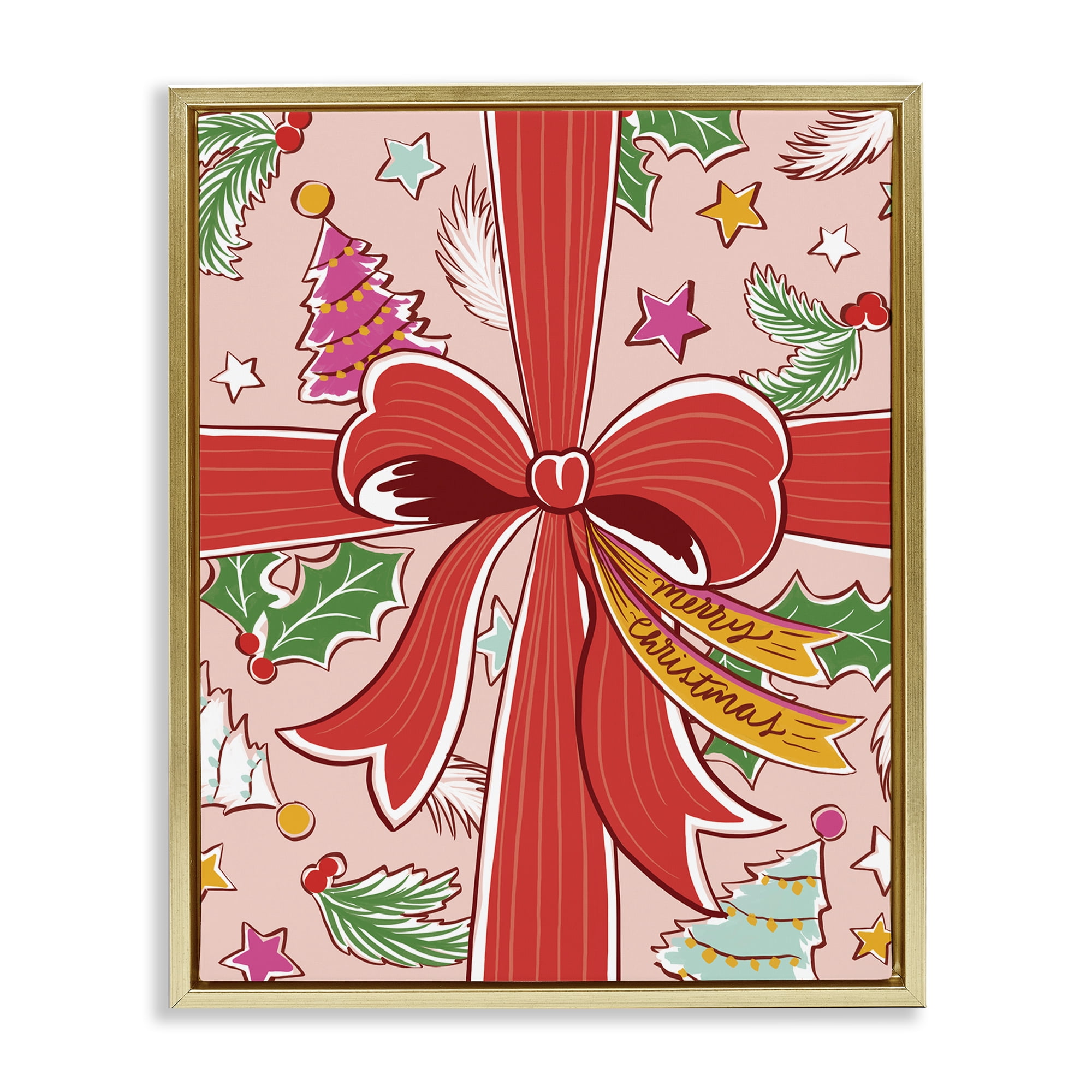 Stupell Industries Christmas Bow and Trees Holiday Painting Gold Floater Framed Canvas Art Prints Wall Art, 25 x 31
