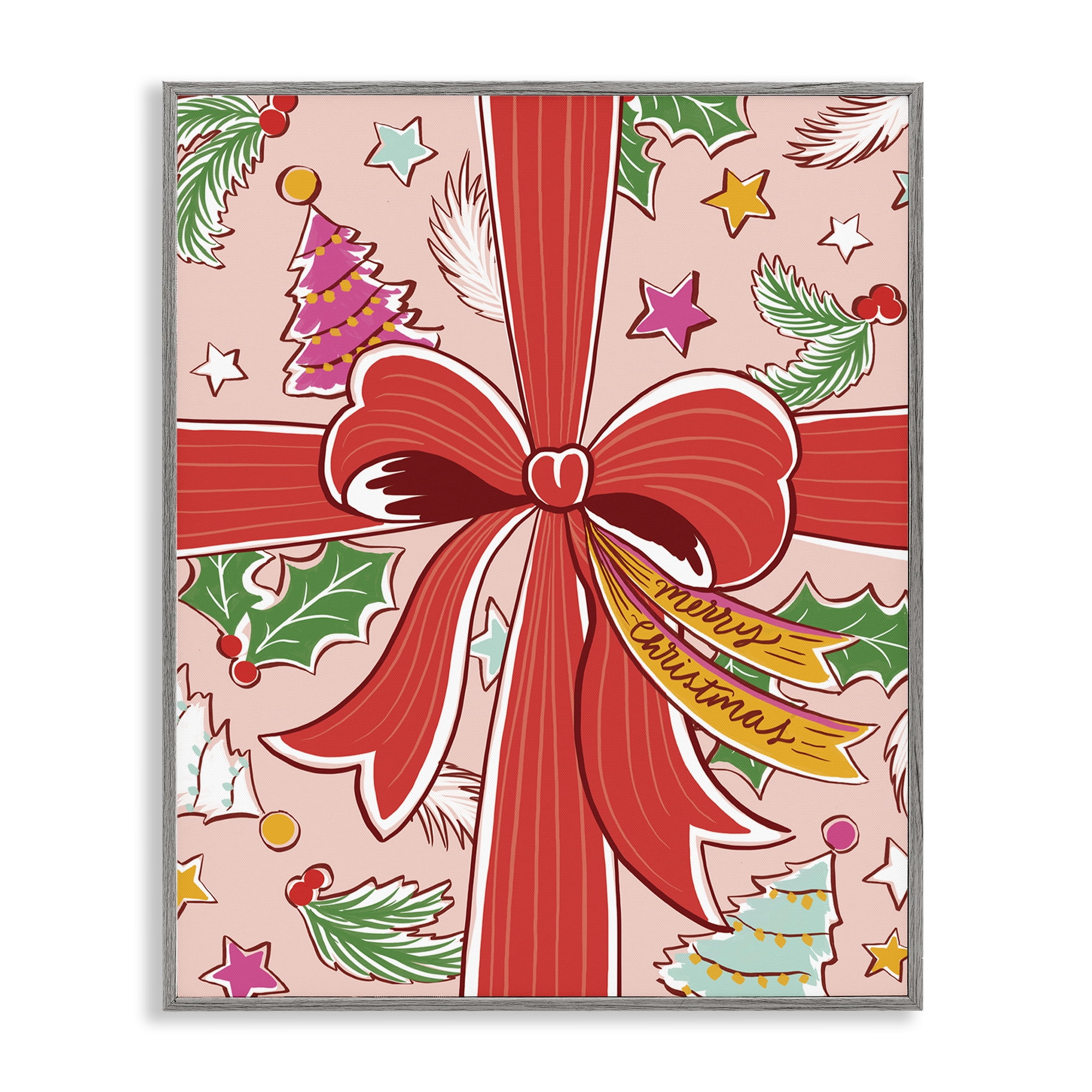 Stupell Industries Christmas Bow and Trees Holiday Painting Gray Framed Art Prints Wall Art, 24 x 30