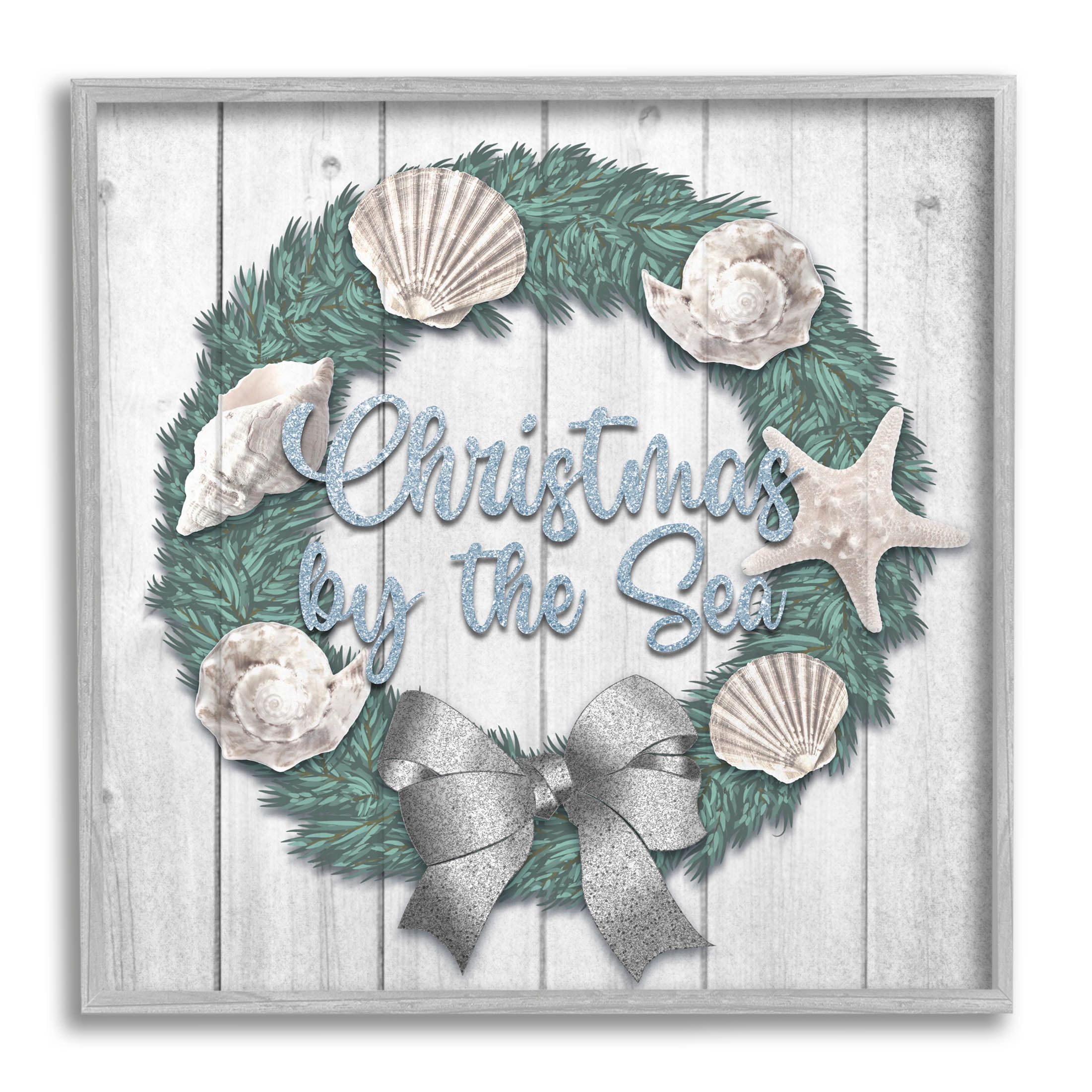 Stupell Industries Christmas By The Sea Nautical Wreath Graphic Art Gray Framed Art Print Wall Art, Design by Marcus Prime