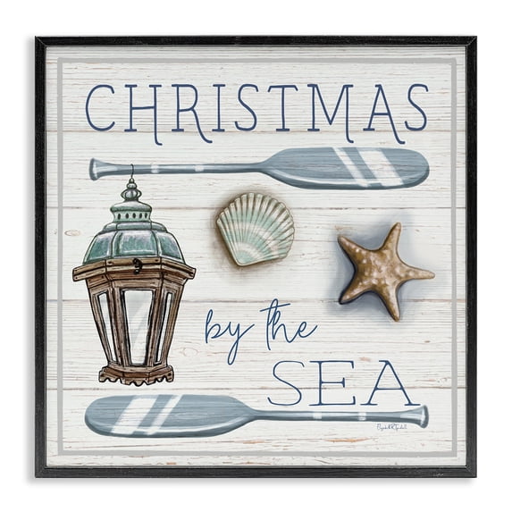 Stupell Industries Coastal Christmas By The Sea Phrase Black Framed Giclee Art, 12 x 12, by Elizabeth Tyndall