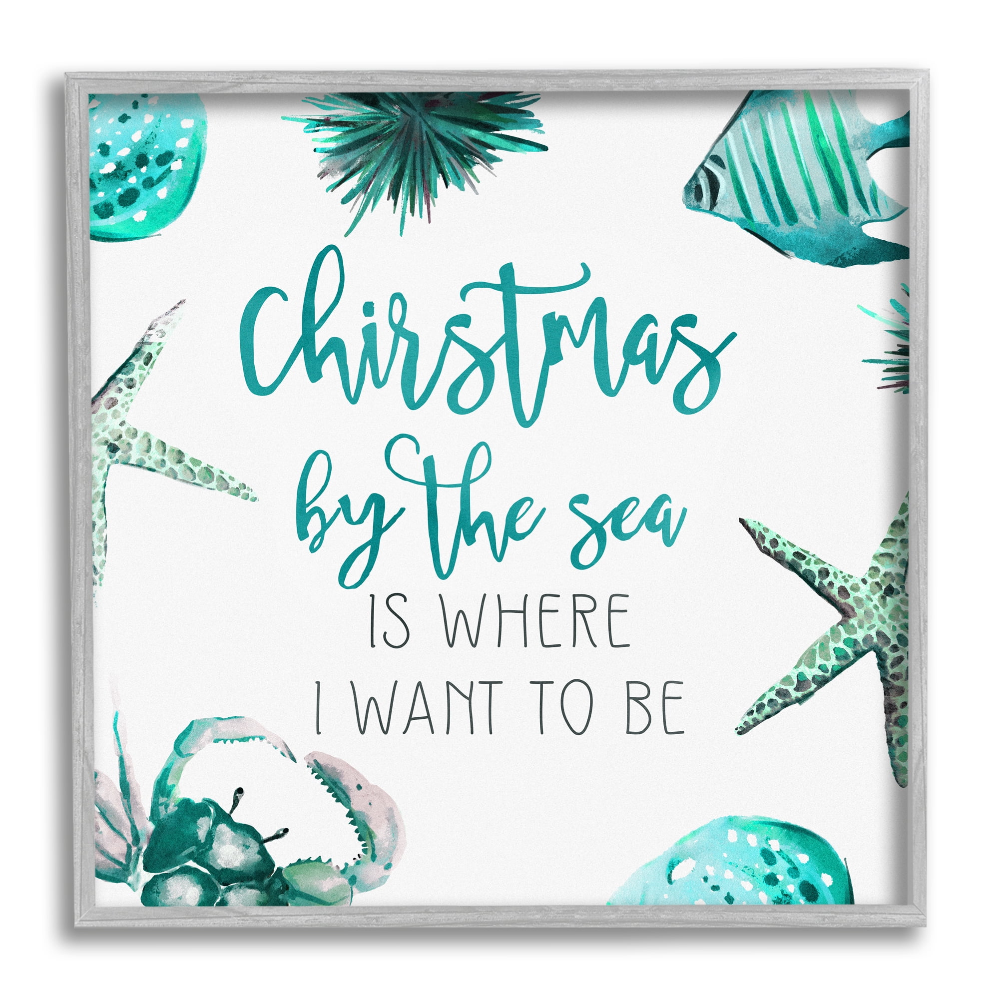 Stupell Industries Christmas By The Sea Phrase Holiday Painting Gray Framed Art Print Wall Art
