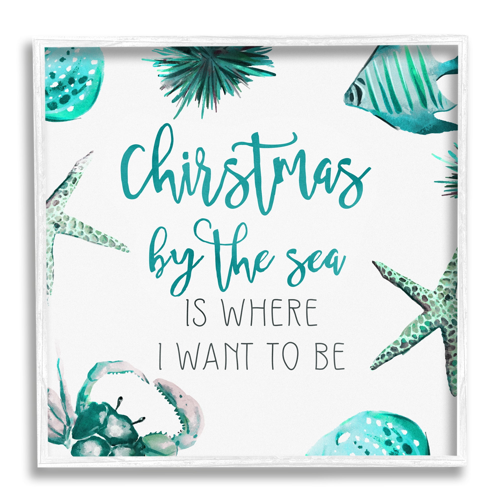 Stupell Industries Christmas By The Sea Phrase Holiday Painting White Framed Art Print Wall Art
