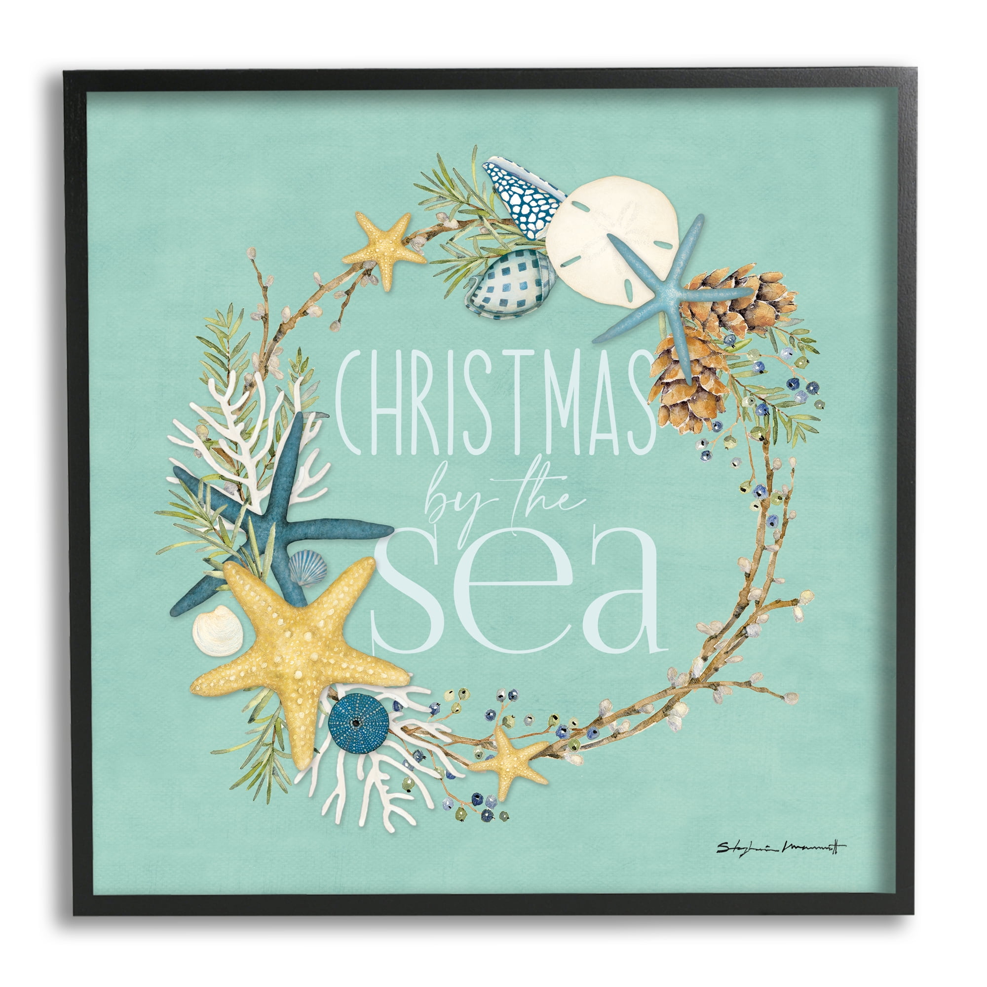Stupell Industries Christmas By The Sea Wreath Holiday Painting Black Framed Art Print Wall Art