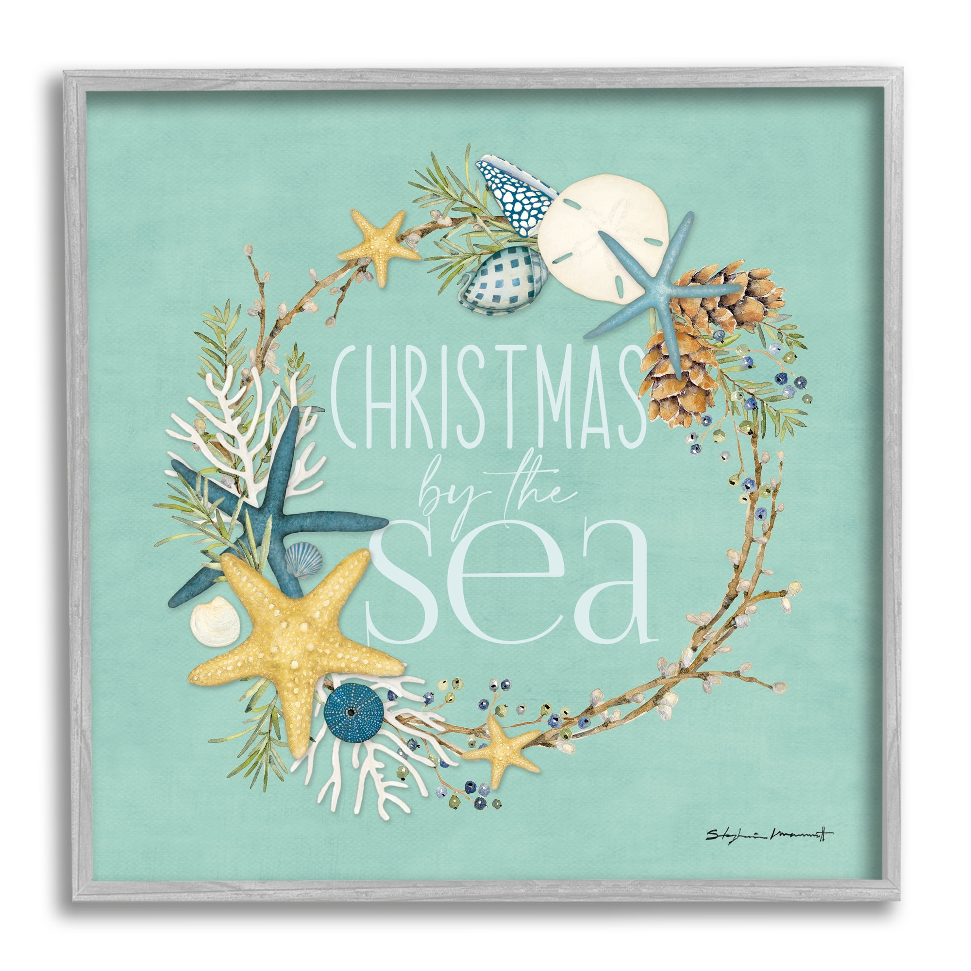 Stupell Industries Christmas By The Sea Wreath Holiday Painting Gray Framed Art Print Wall Art