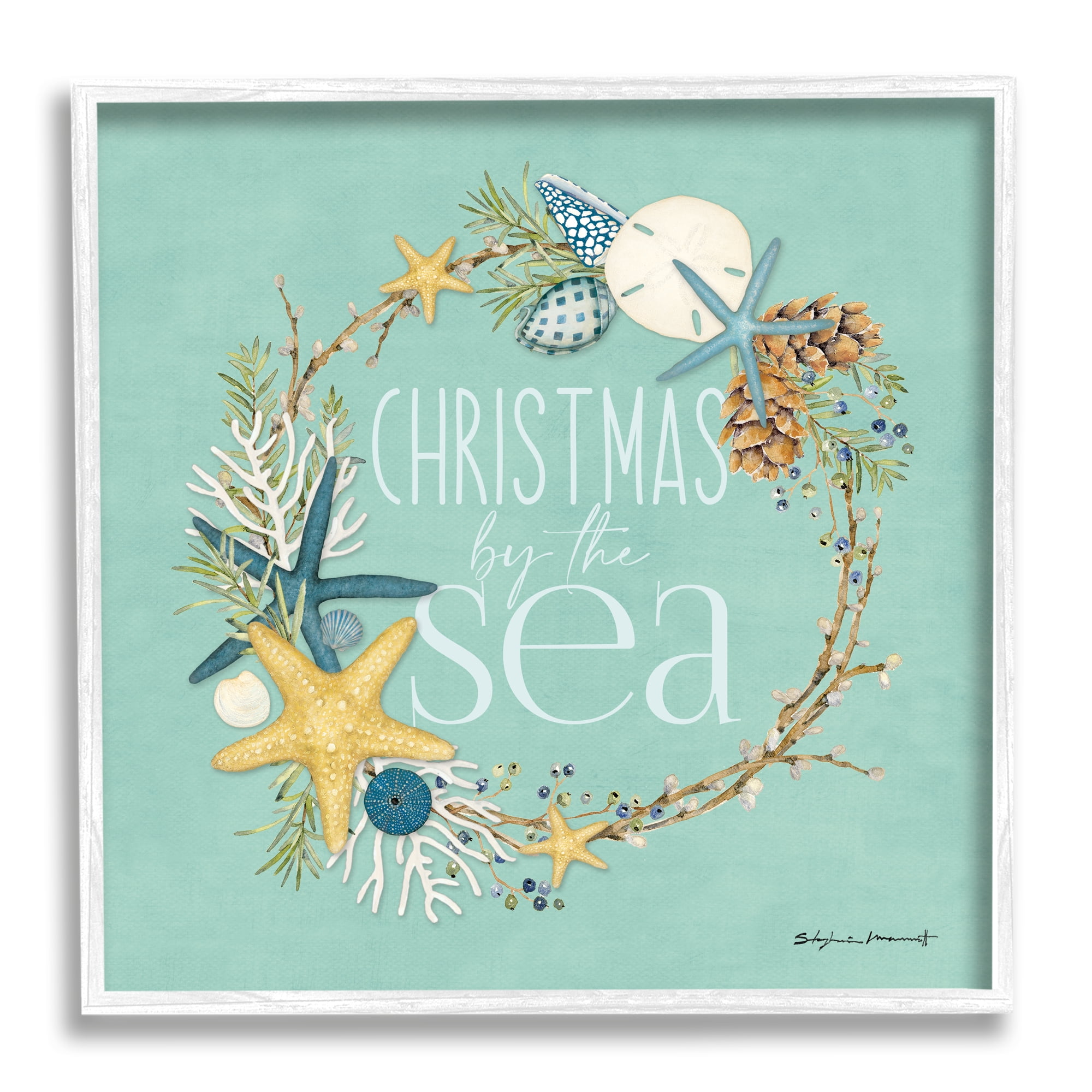 Stupell Industries Christmas By The Sea Wreath Holiday Painting White Framed Art Print Wall Art