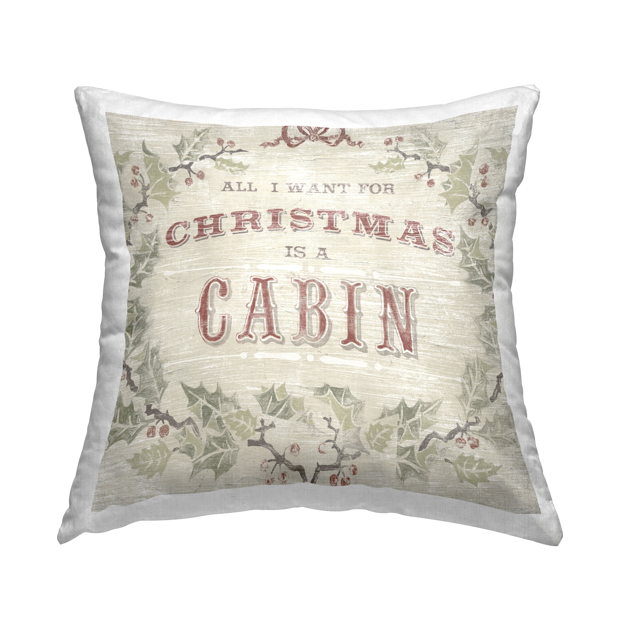 Stupell Industries Christmas Cabin Phrase Rustic Holly Wreath Design by June Erica Vess Throw Pillow