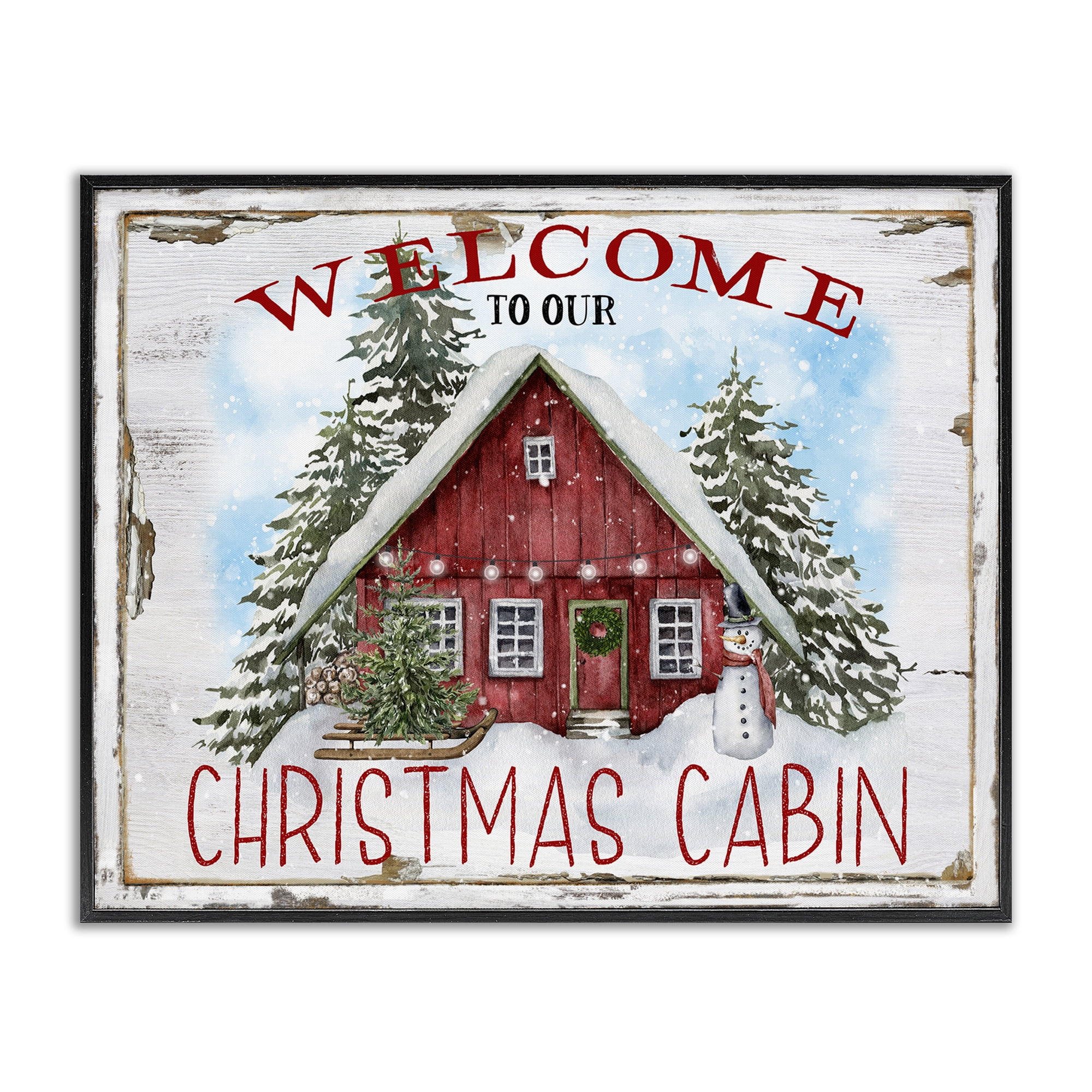 Stupell Industries Christmas Cabin Welcome Holiday Painting Black Framed Art Prints Wall Art, 14 x 11