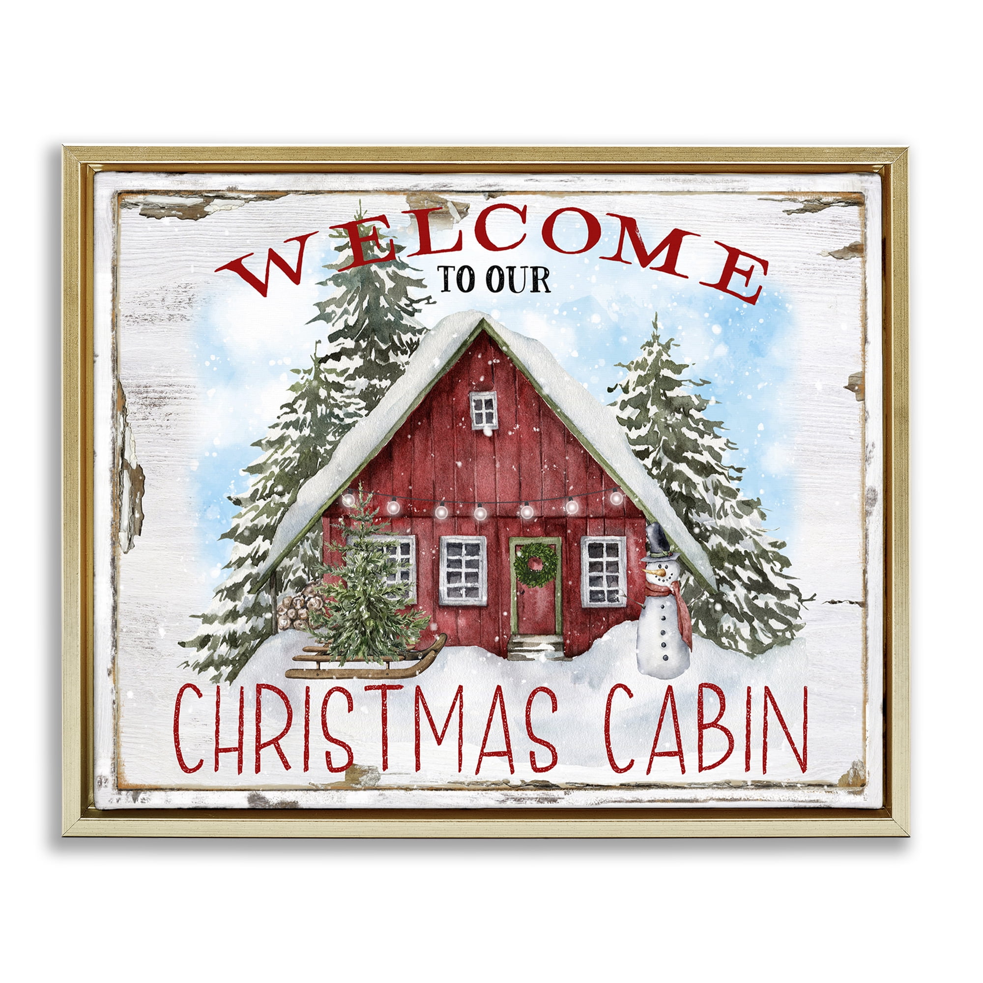 Stupell Industries Christmas Cabin Welcome Holiday Painting Gold Floater Framed Canvas Art Prints Wall Art, 21 x 17