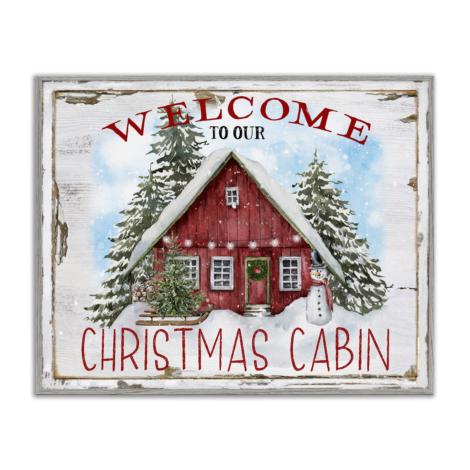 Stupell Industries Christmas Cabin Welcome Holiday Painting Gray Framed Art Prints Wall Art, 14 x 11