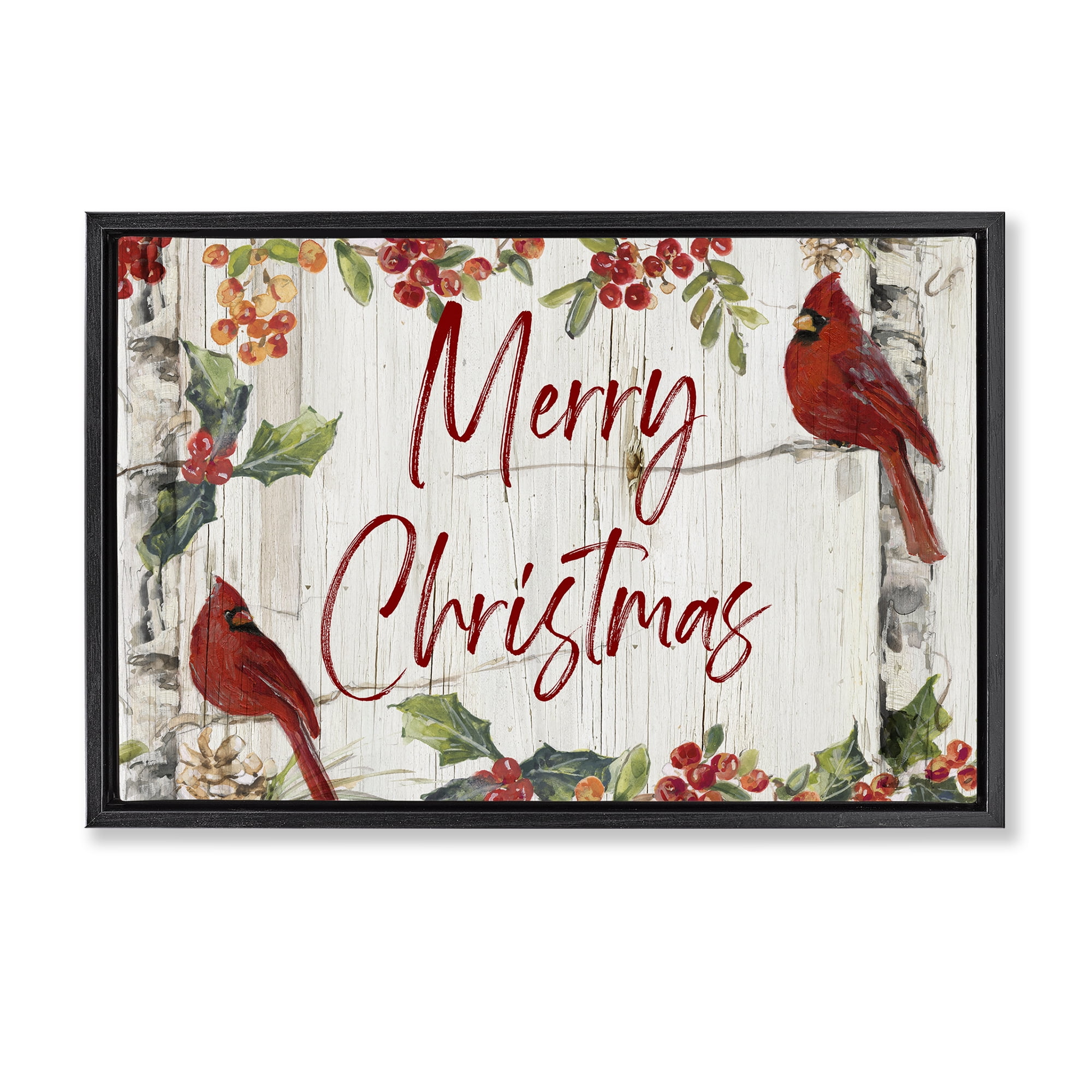 Stupell Industries Christmas & Cardinal Birds Holiday Painting Black Floater Framed Canvas Art Prints Wall Art, 31 x 21
