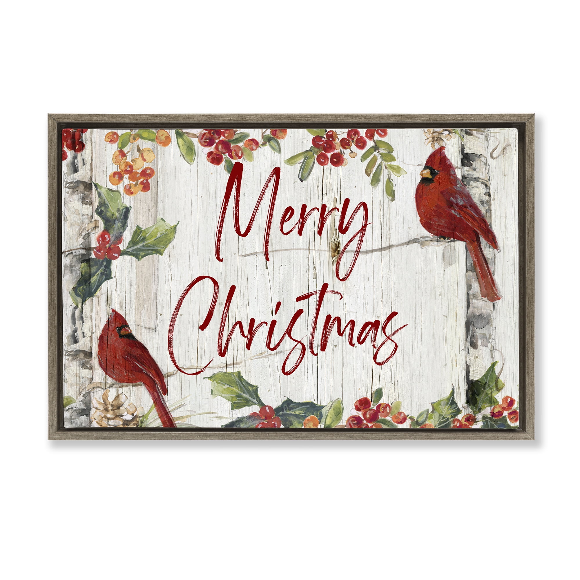 Stupell Industries Christmas & Cardinal Birds Holiday Painting Brown Floater Framed Canvas Art Prints Wall Art, 25 x 17