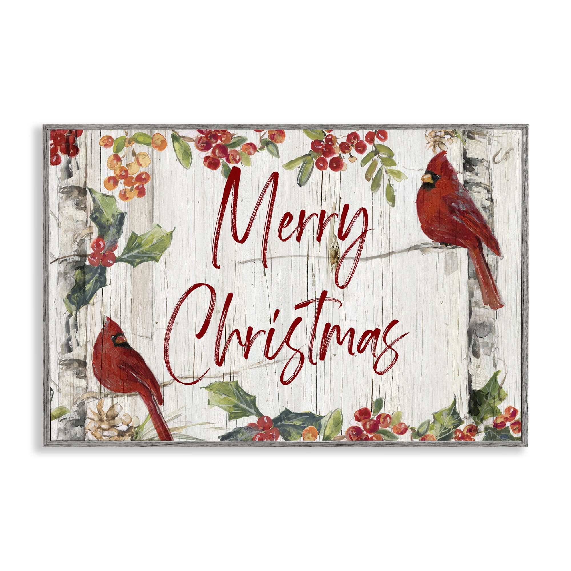 Stupell Industries Christmas & Cardinal Birds Holiday Painting Gray Framed Art Prints Wall Art, 24 x 16