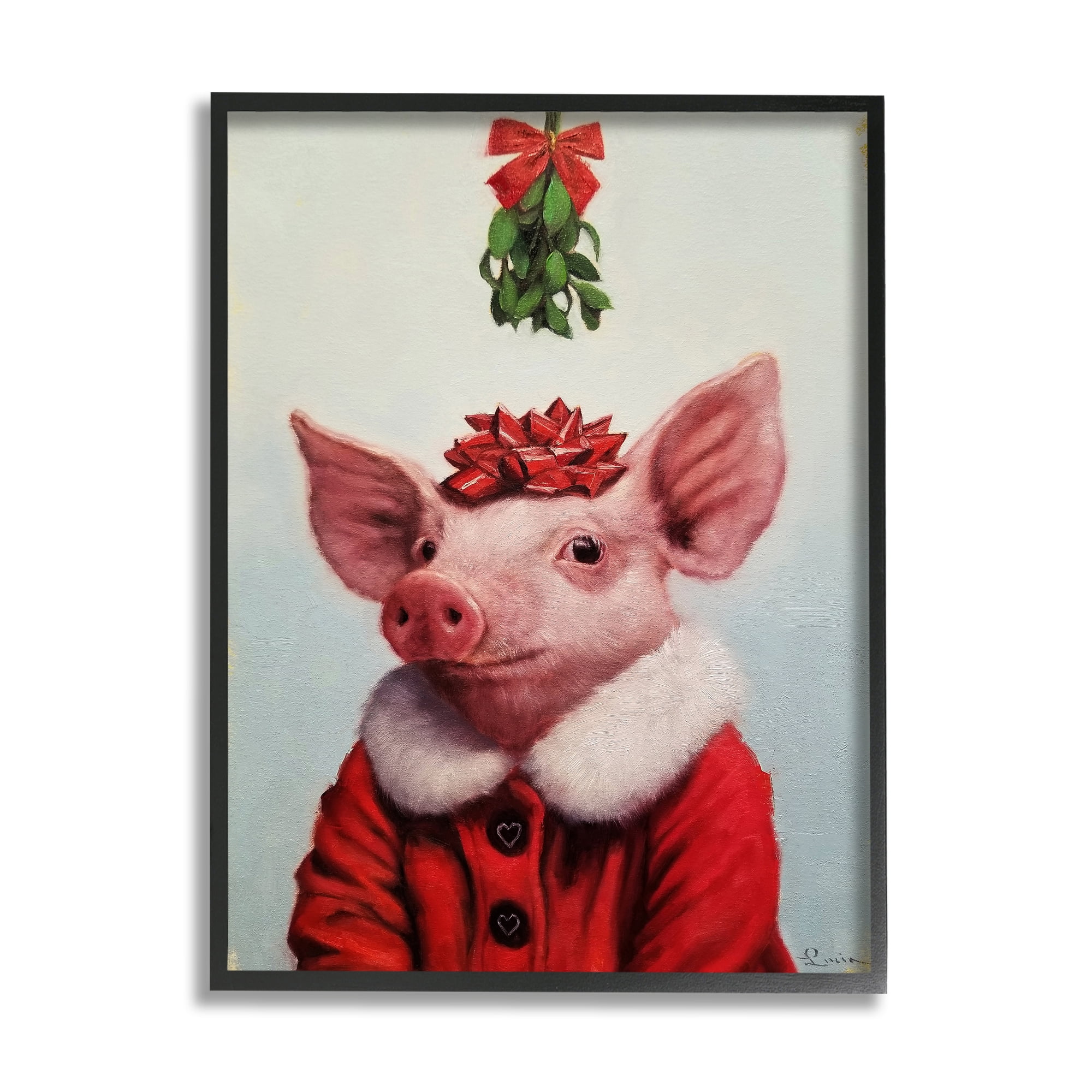 Stupell Industries Christmas Charm Piglet Holiday Mistletoe Santa Jacket Animals & Insects Painting Black Framed Art Print Wall Art, 11 x 14
