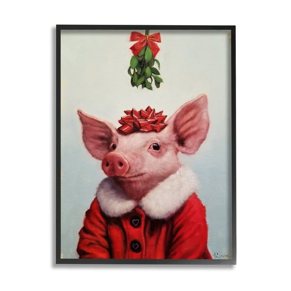 Stupell Industries Christmas Charm Piglet Holiday Mistletoe Santa Jacket Animals & Insects Painting Black Framed Art Print Wall Art, 16 x 20