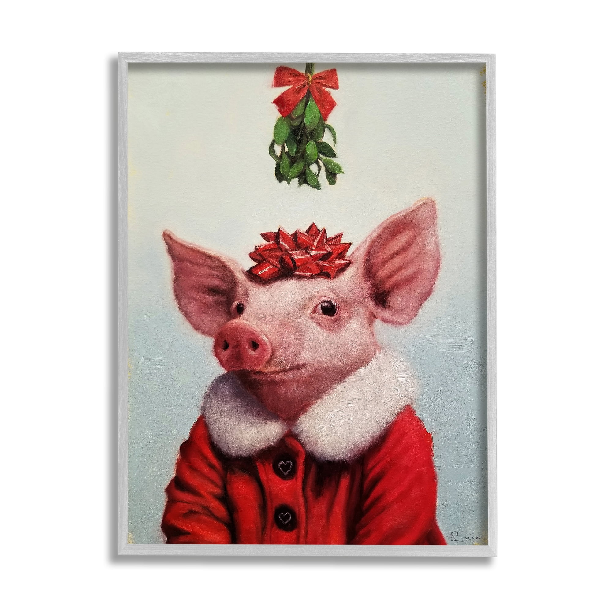 Stupell Industries Christmas Charm Piglet Holiday Mistletoe Santa Jacket Animals & Insects Painting Gray Framed Art Print Wall Art, 11 x 14