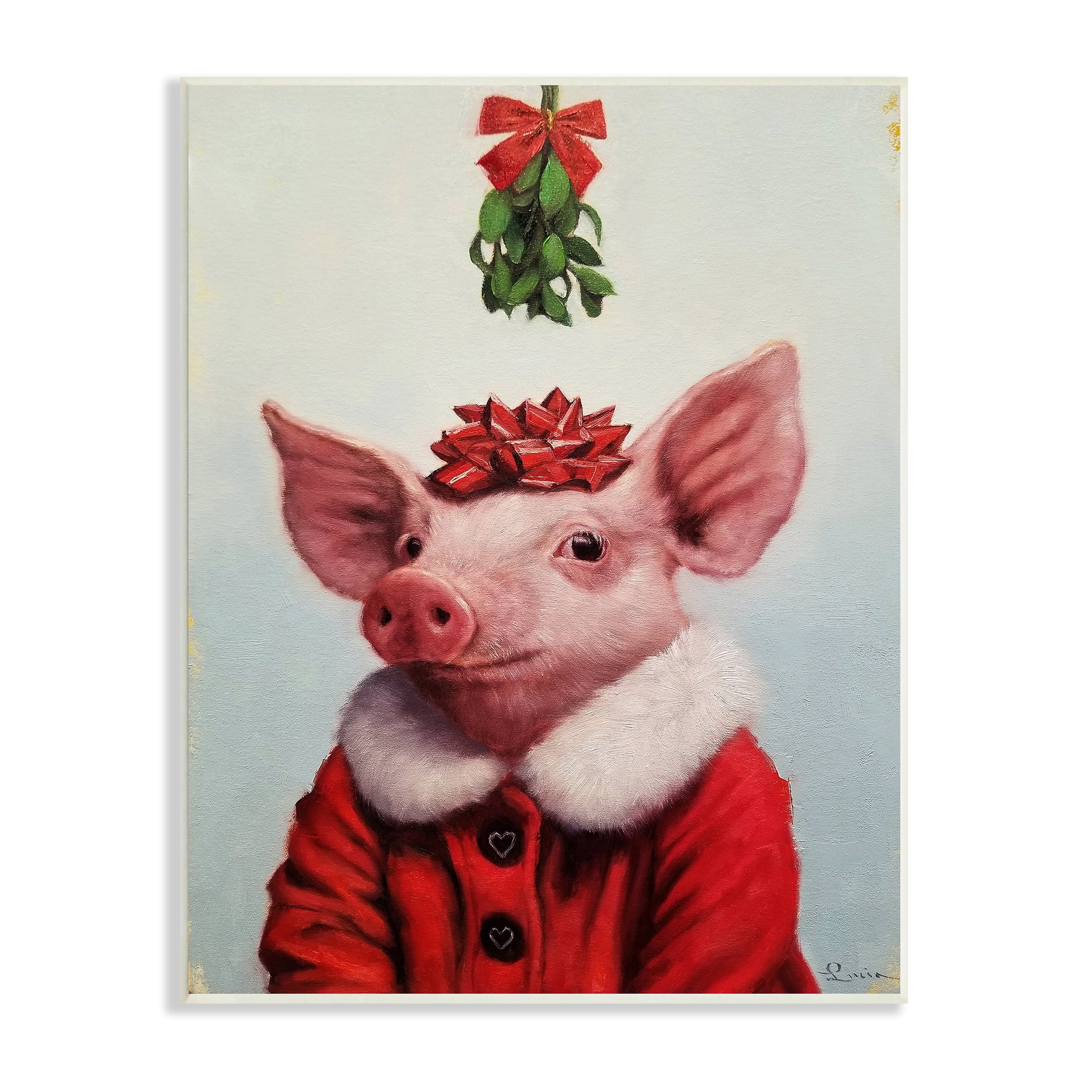 Stupell Industries Christmas Charm Piglet Holiday Mistletoe Santa Jacket Animals & Insects Painting Unframed Art Print Wall Art, 10 x 15