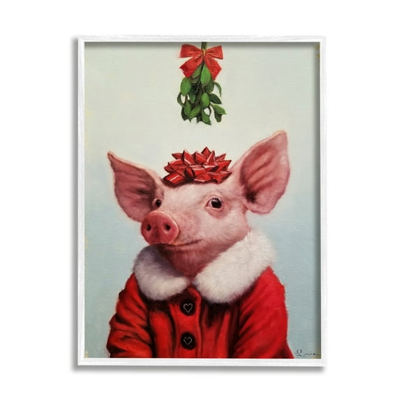 Stupell Industries Christmas Charm Piglet Holiday Mistletoe Santa Jacket Animals & Insects Painting White Framed Art Print Wall Art, 24 x 30