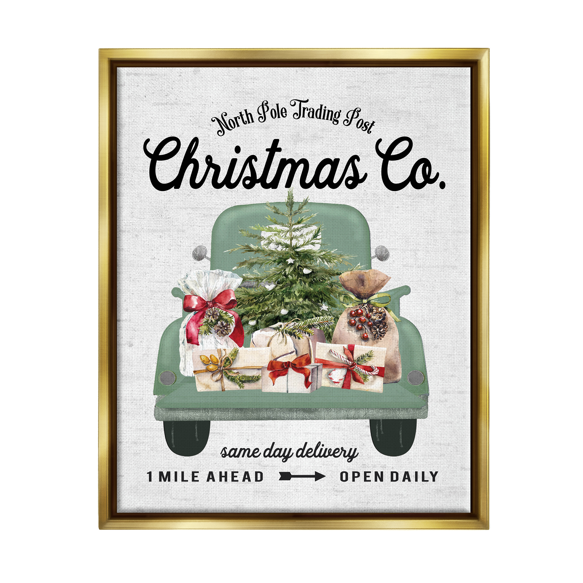Stupell Industries Christmas Co Gift Truck Holiday Painting Gold Floater Framed Canvas Art Print Wall Art, 17 x 21