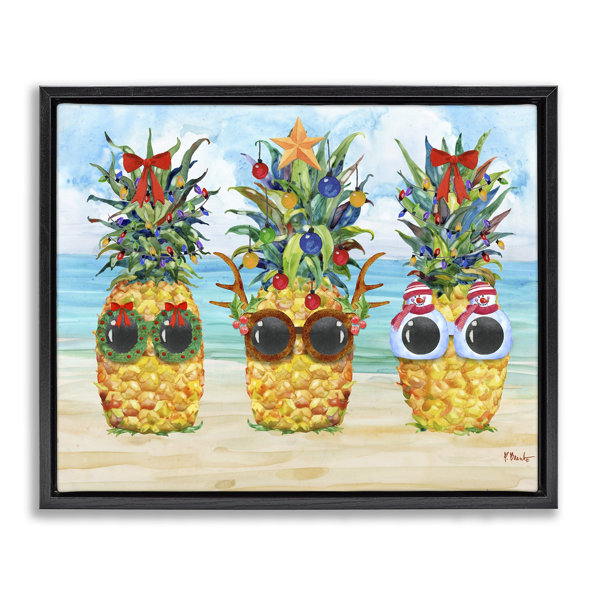Stupell Industries Christmas Cool Pineapples Holiday Painting Black Floater Framed Art Print Wall Art, 21 x 17